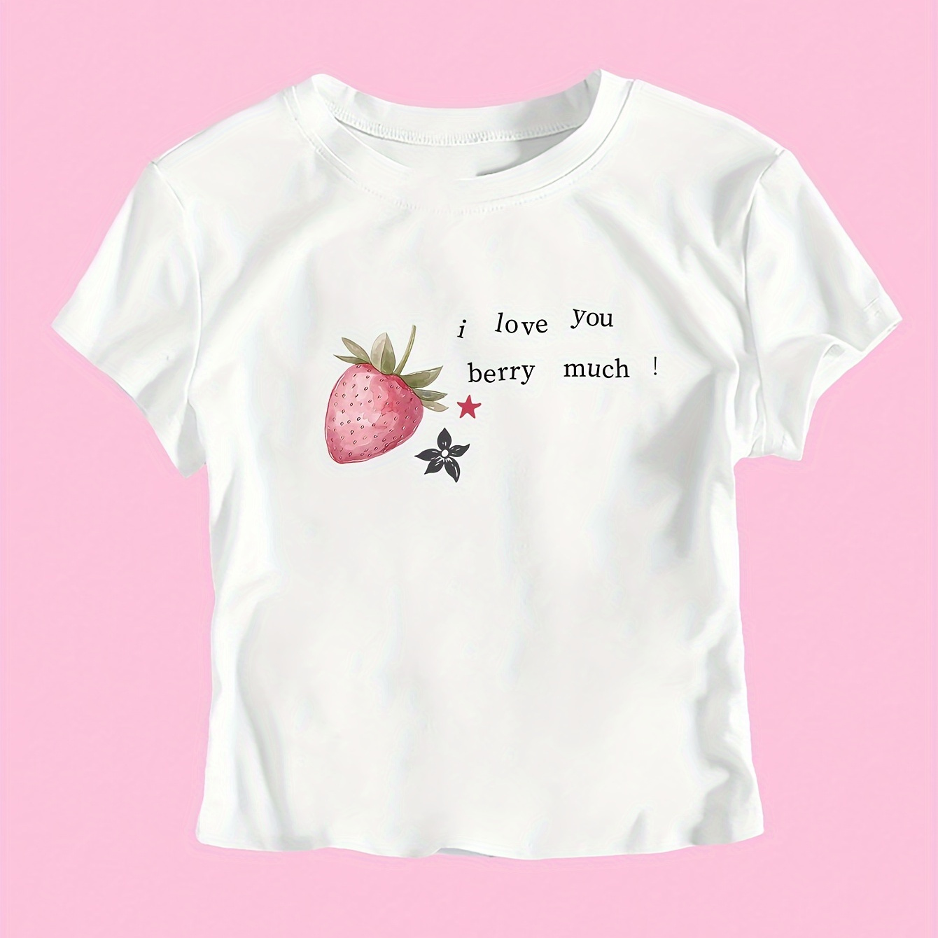 

Strawberry Print Crop T-shirt, Short Sleeve Crew Neck Casual Top For Summer & Spring, Women's Clothing