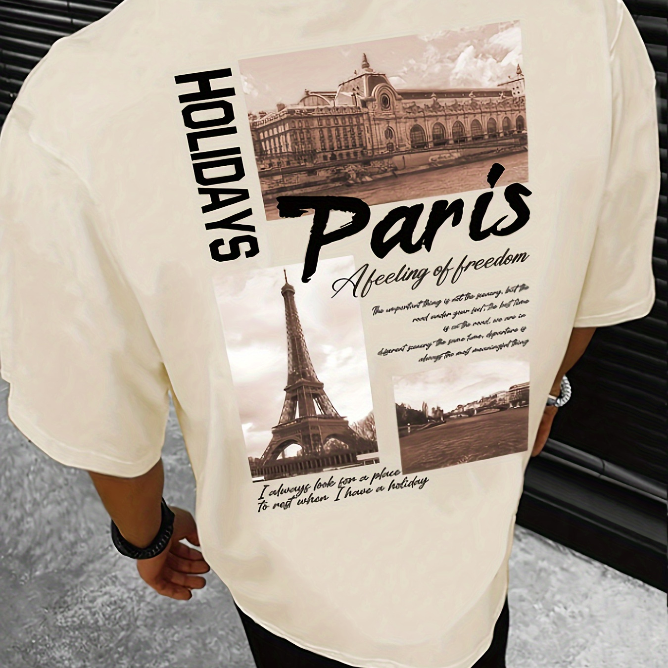 TEMU Paris Themed Letter Graphic Print Men's Casual Short Sleeve Crew Neck T-shirt, Summer Outdoor