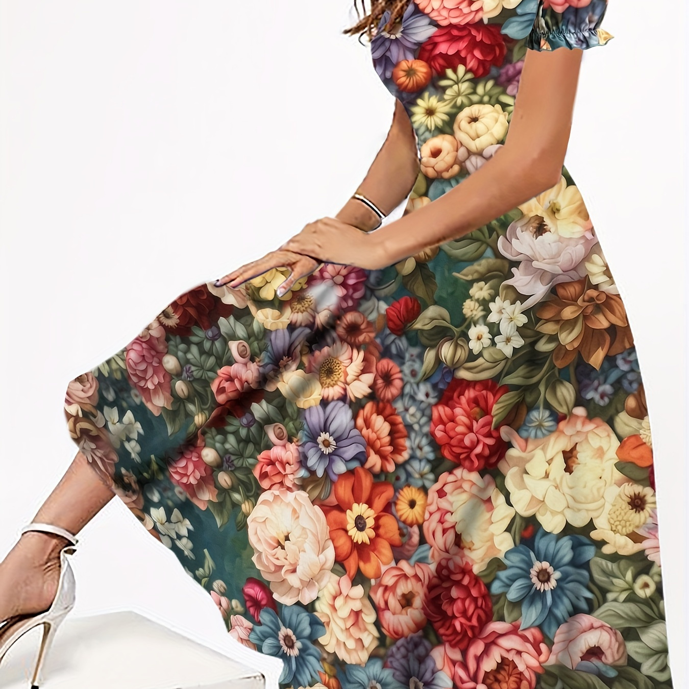 

Floral Print Crew Neck Dress, Elegant Puff Sleeve Dress For Spring & Summer, Women's Clothing