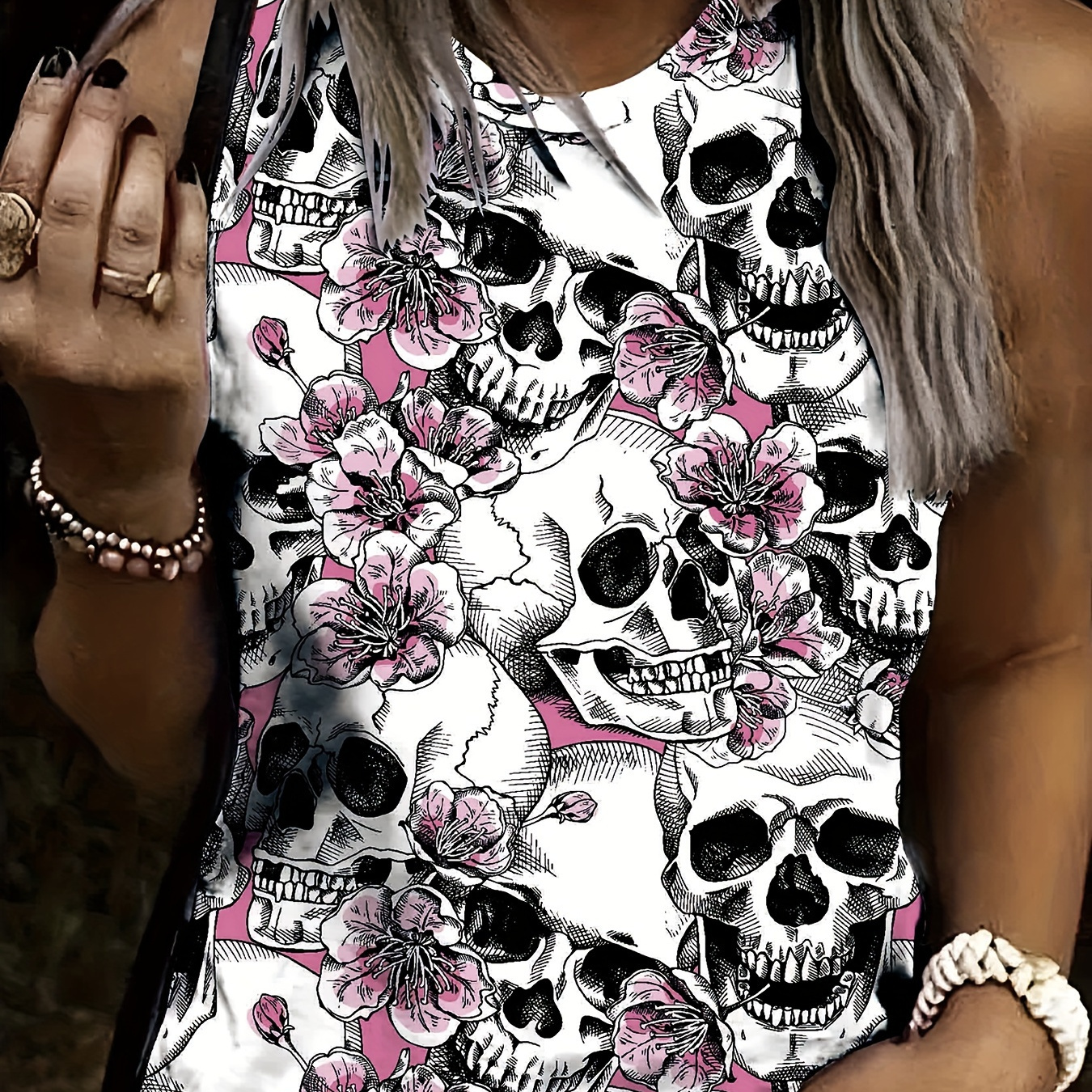 

Skull Print Crew Neck Tank Top, Casual Sleeveless Tank Top For Spring & Summer, Women's Clothing