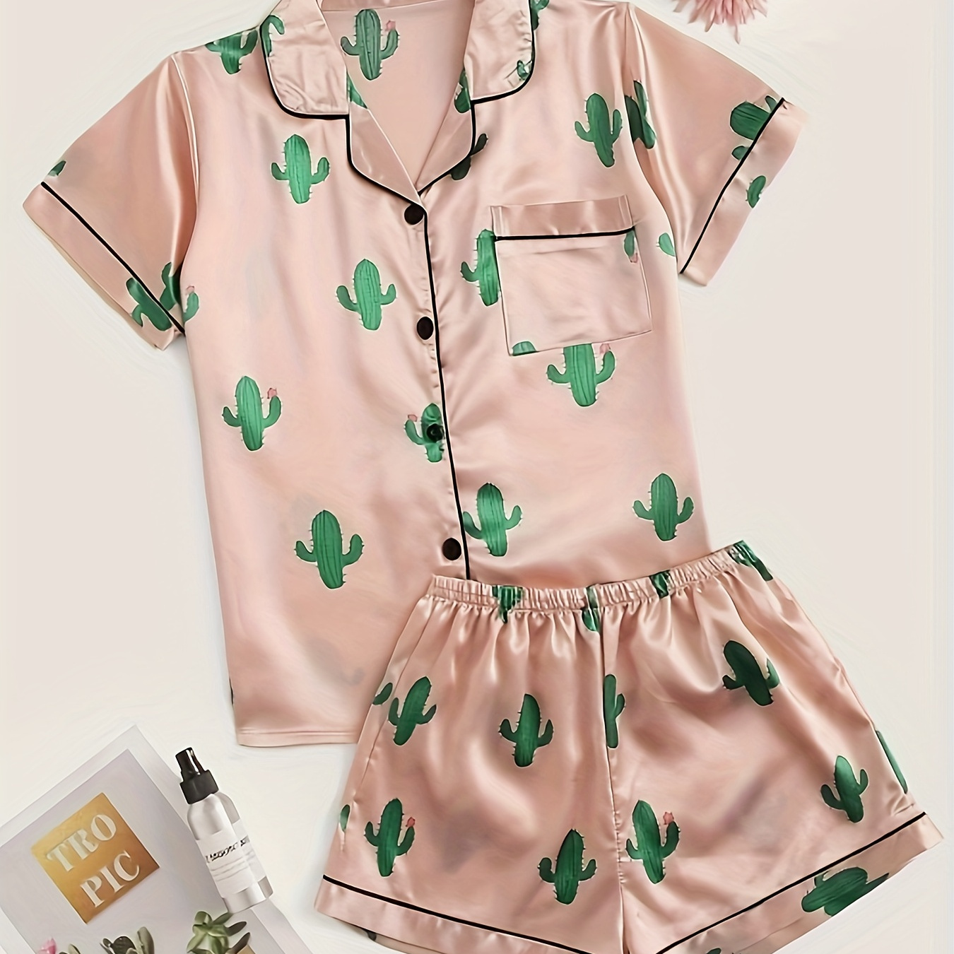 

Women's Allover Cactus Print Satin Casual Pajama Set, Short Sleeve Buttons Lapel Top & Shorts, Comfortable Relaxed Fit