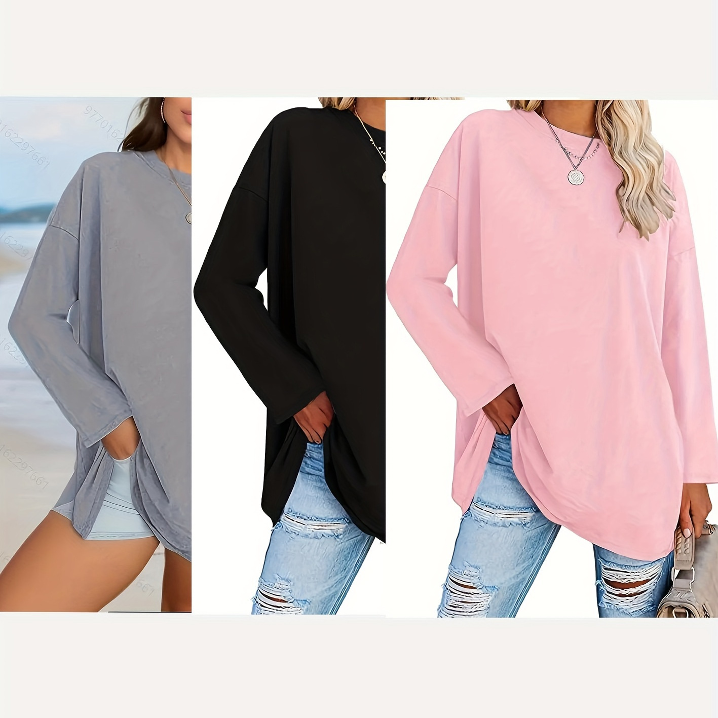 

Ensemble de 3 T-shirts unis de grande taille, col rond décontracté à manches longues, vêtements de grande taille pour femmes