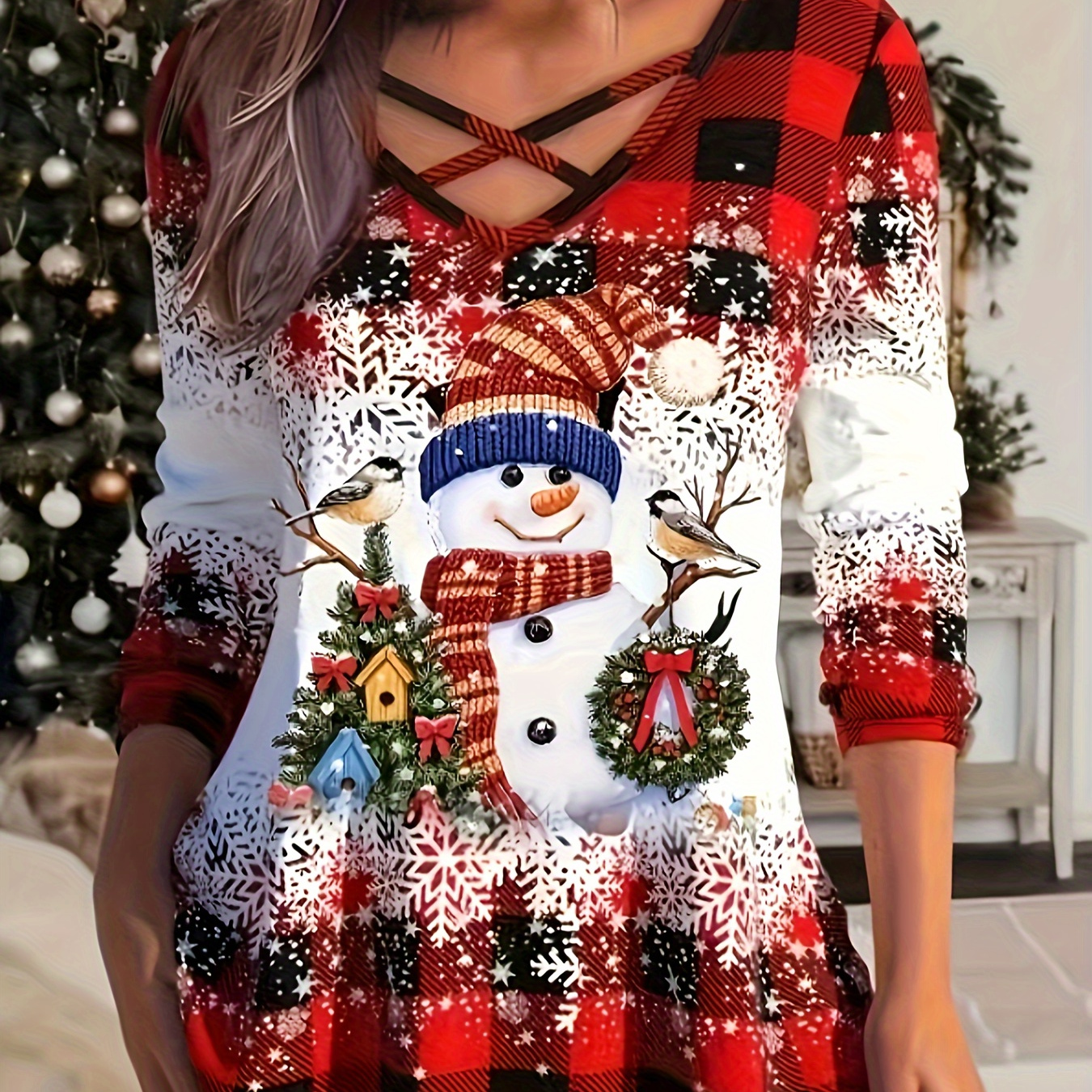 Plus Size Christmas Top Women's Plus Snowman Snowflake - Temu Canada