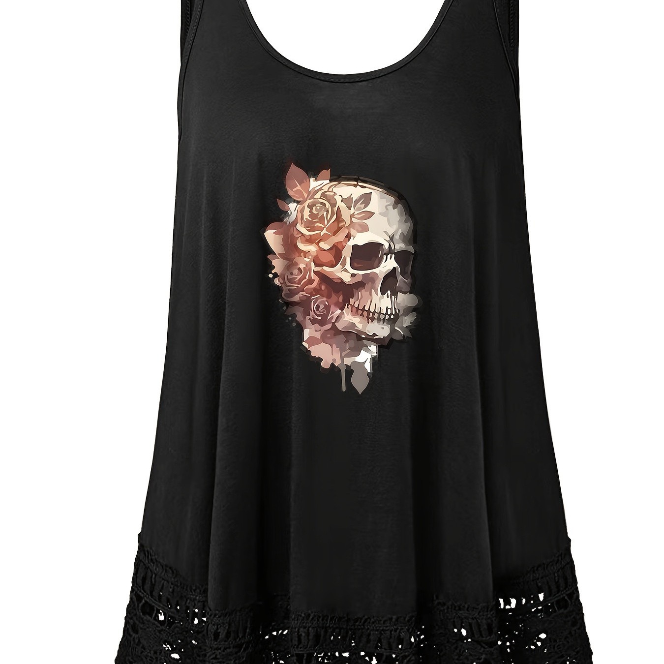 

Plus Size Skull & Floral Print Tank Top, Casual Lace Stitching Sleeveless Crew Neck Top For Spring & Summer, Women's Plus Size Clothing