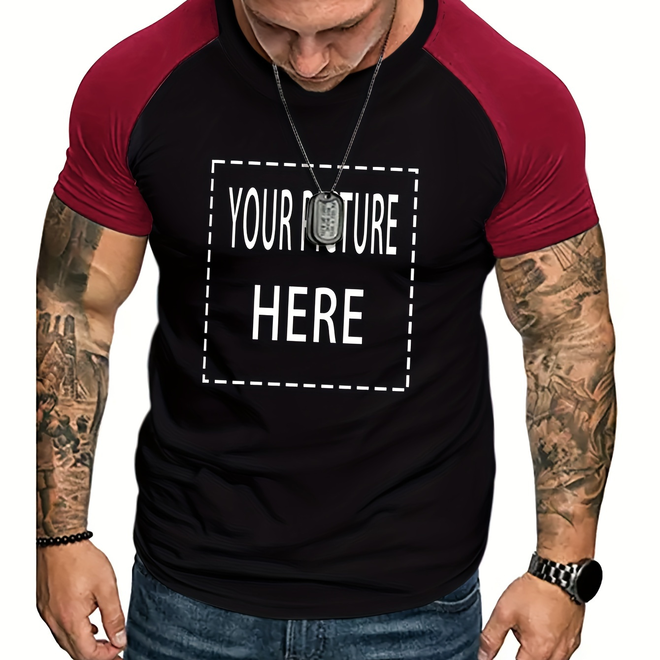 

Plus Size Men's Creative Custom Raglan T-shirt, Picture Pattern Graphic Print Short Sleeve Tees For Males