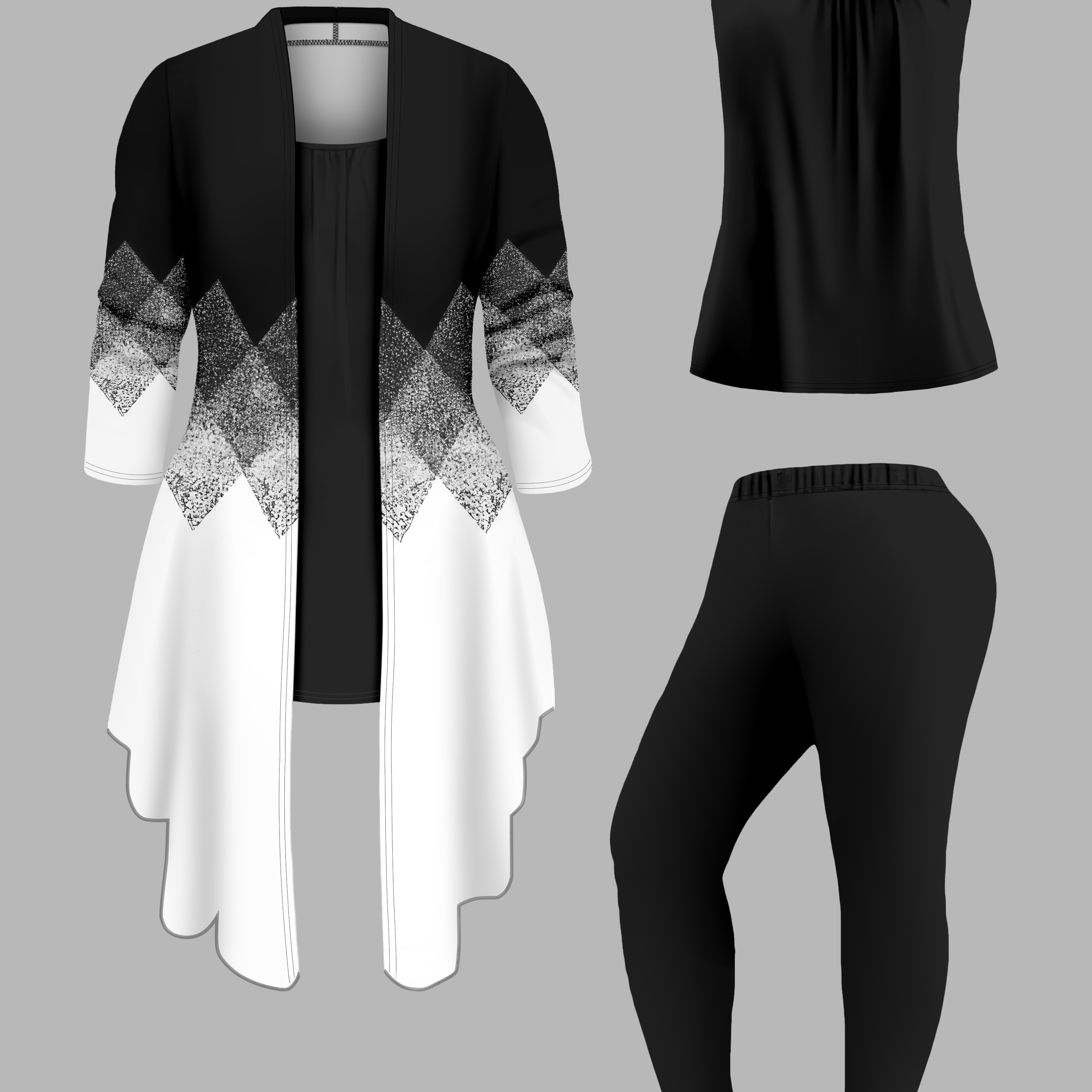 

[3pcs Women's Plus Size Outfit Set] Women's Plus Size 3pcs Set, Geometric Print Cardigan With Solid Color Pants And Tank Top, Elegant Polyester Knit Outfit, Stretchy Fabric, Small Collar, Casual