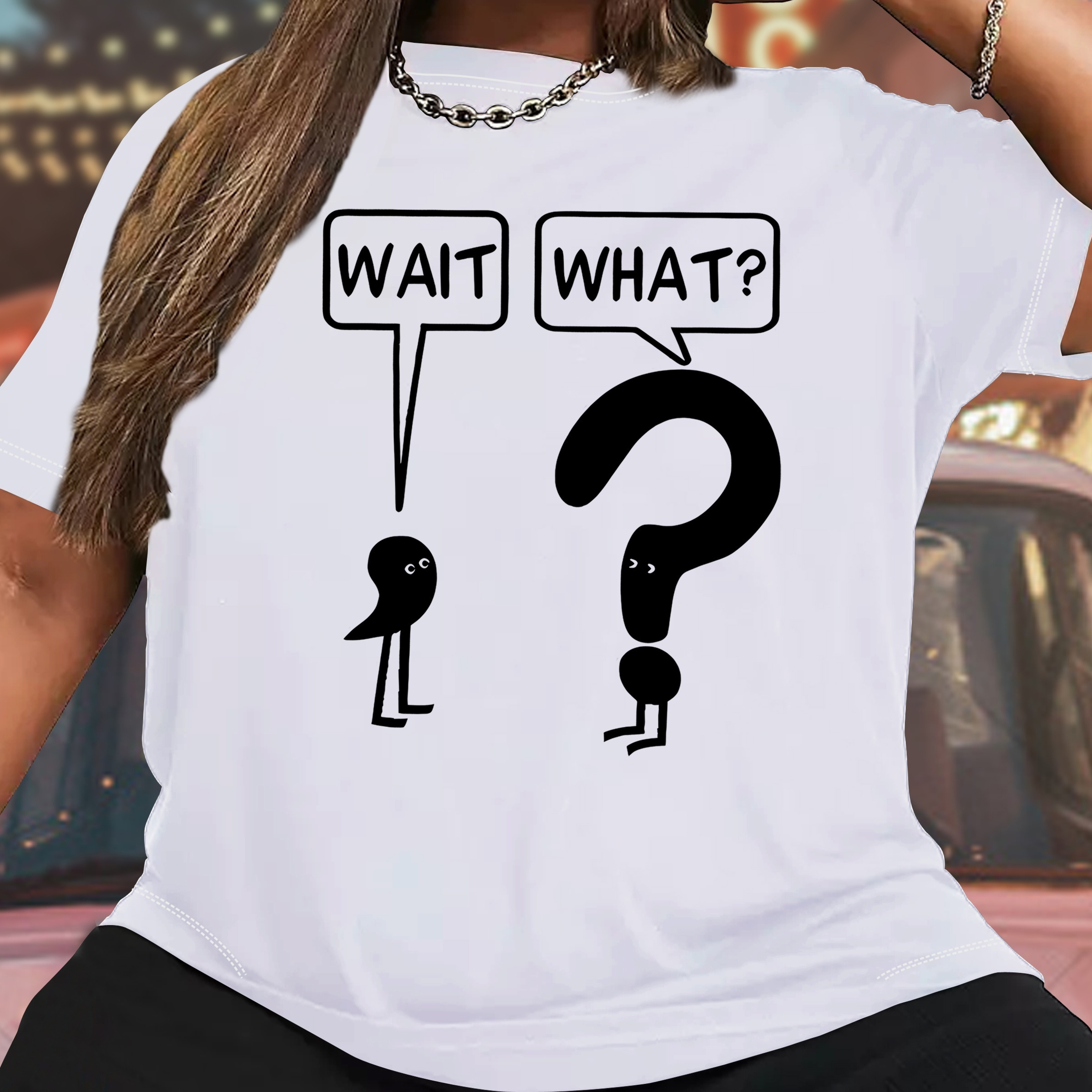 

Women's Casual Sports T-shirt Top, Plus Size Wait What Comma Question Mark Print Stretchy Round Neck Breathable Fabric Short Sleeve Fitness Tee Top