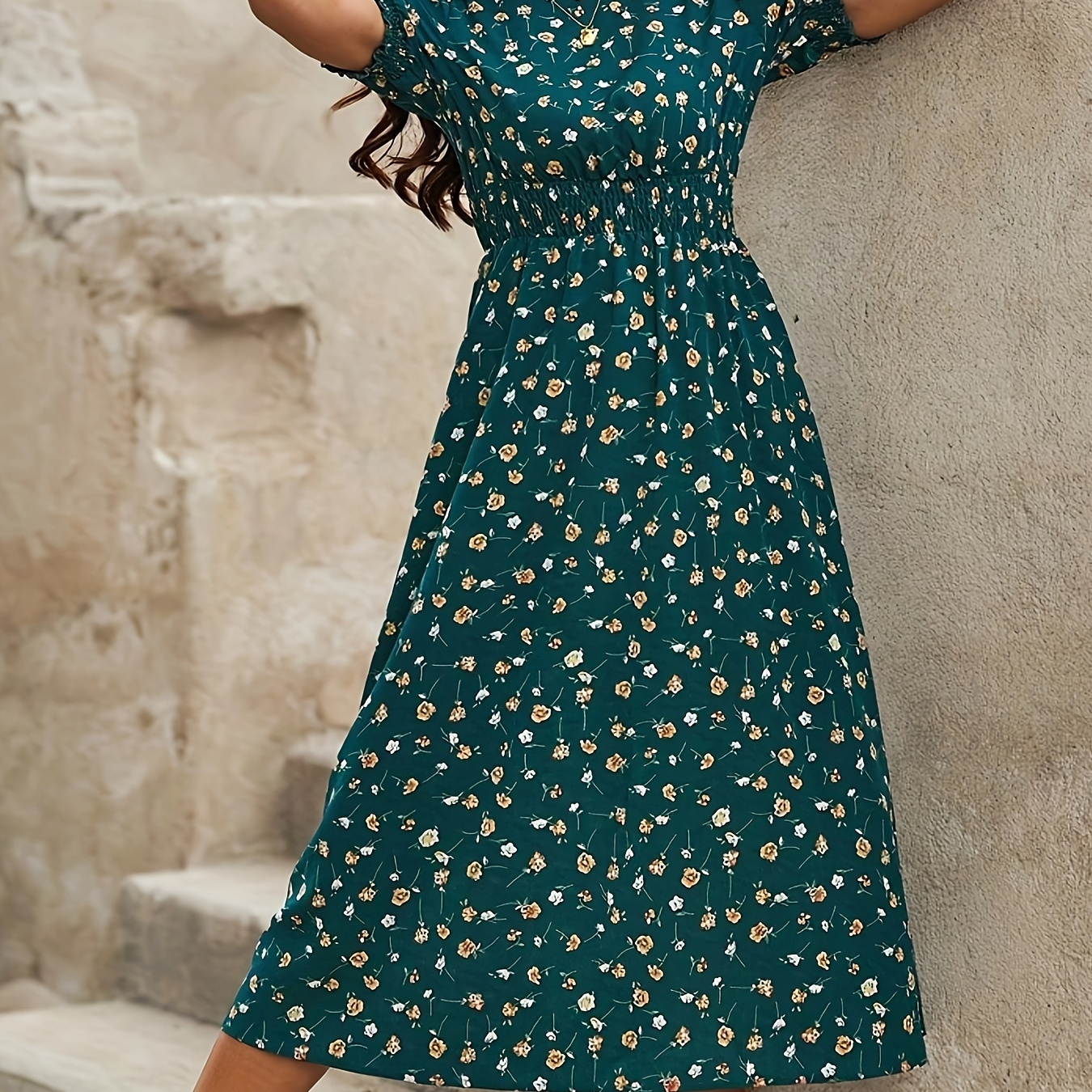 

Floral Print Crew Neck Dress, Elegant Short Sleeve Dress For Spring & Summer, Women's Clothing