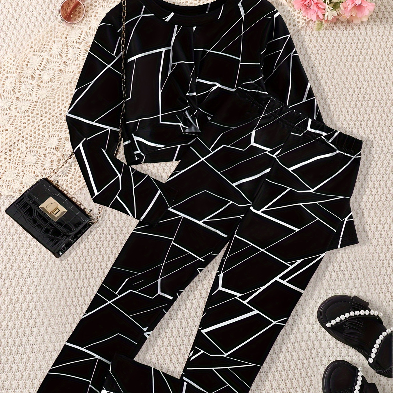 

Girl's Geometric Pattern Outfit 2pcs, Long Sleeve Top & Pants Set, Kid's Clothes For Spring Fall