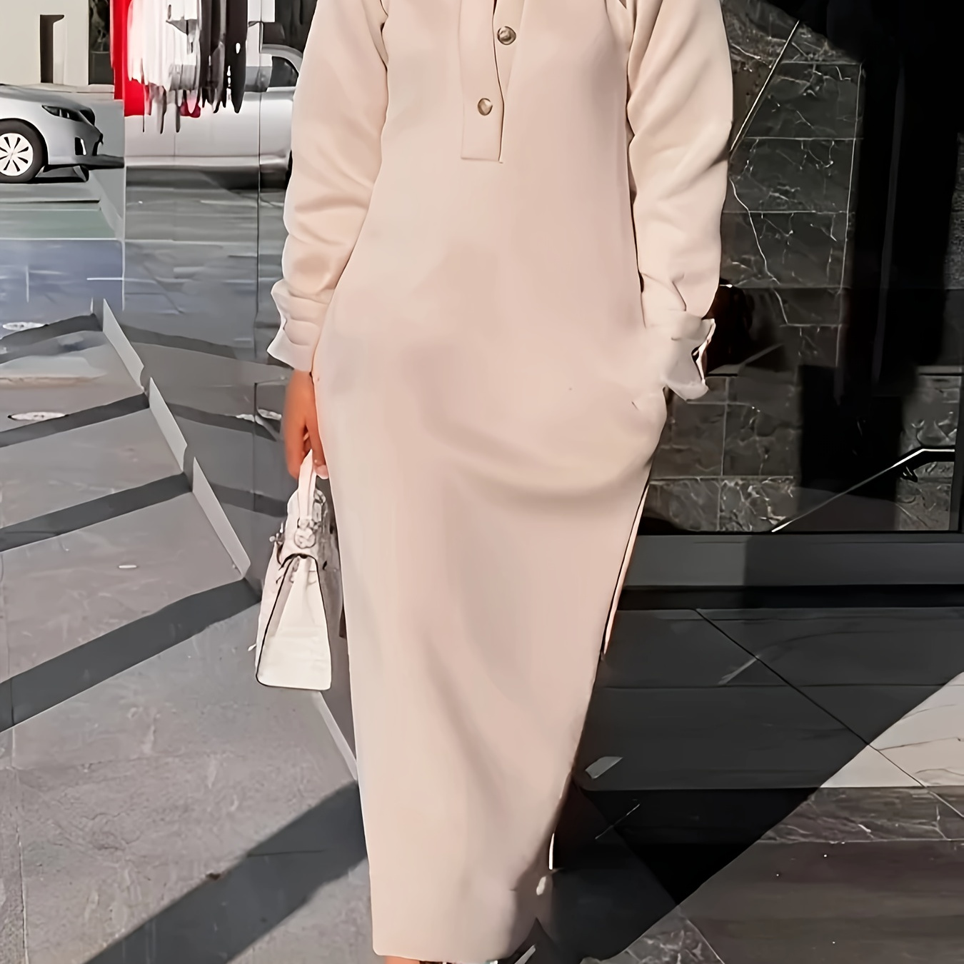 

Plus Size Solid Color Pocket Dress, Casual Long Sleeve Button Dress For Spring & Fall, Women's Plus Size Clothing