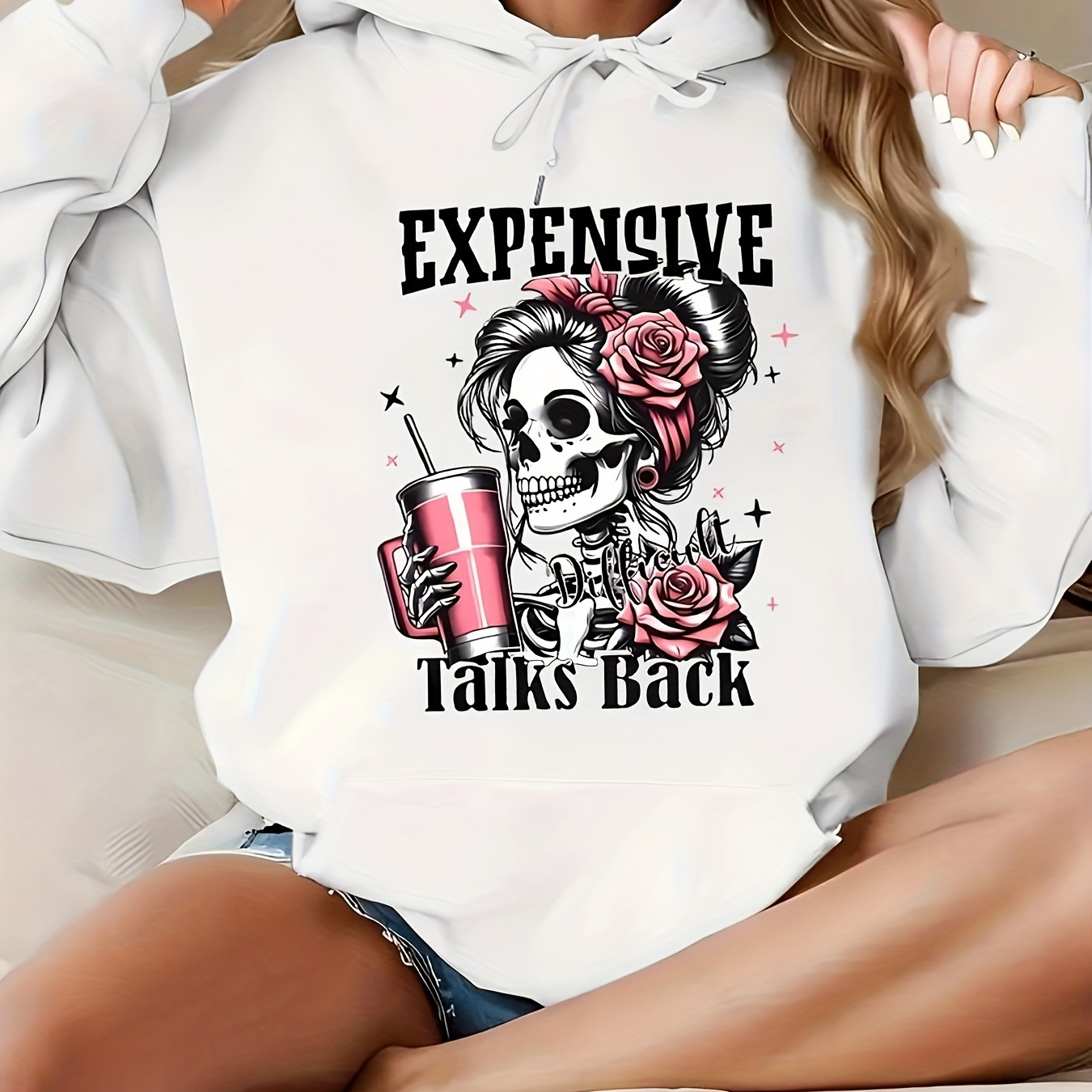 

Women's Casual Polyester Hoodie With Geometric Skull Print And Alphabet Design - 100% Polyester Knit Fabric, Hooded Pullover With Pocket For Spring/summer/fall