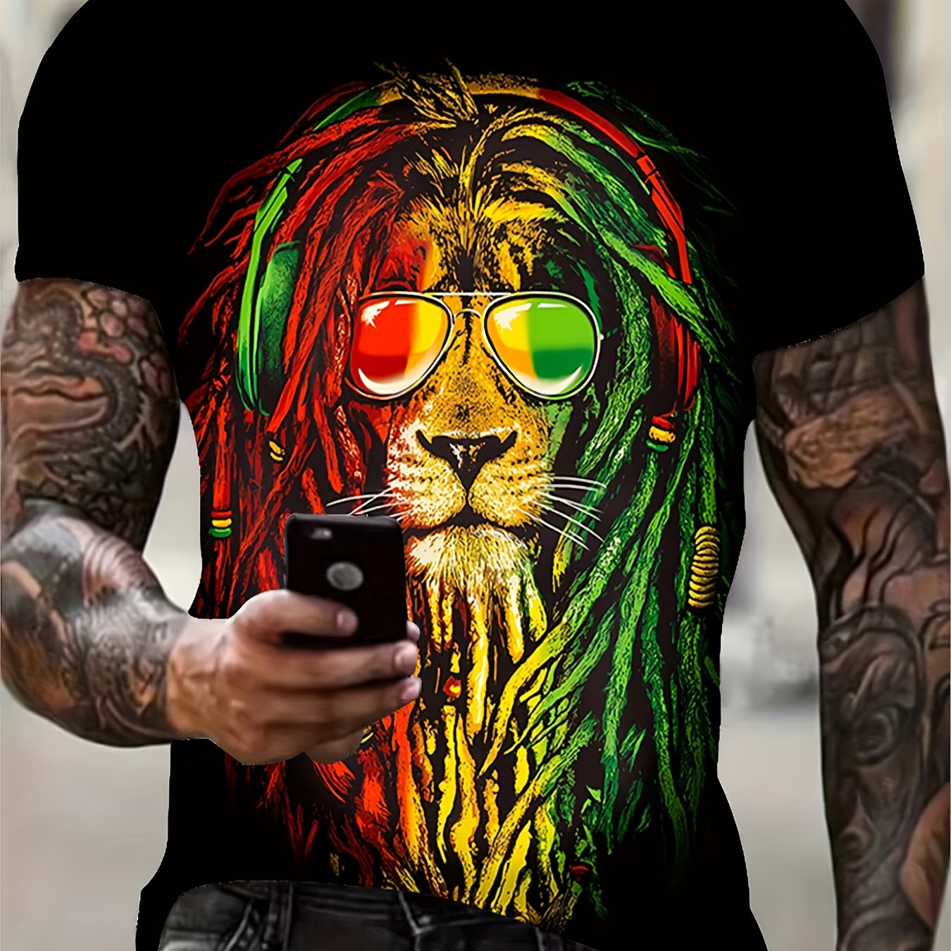 

Fashion Deadlock Lion Cartoon Graphic Digital Print Men's Short Sleeve Crew Neck T-shirt, Summer Outdoor Vacation