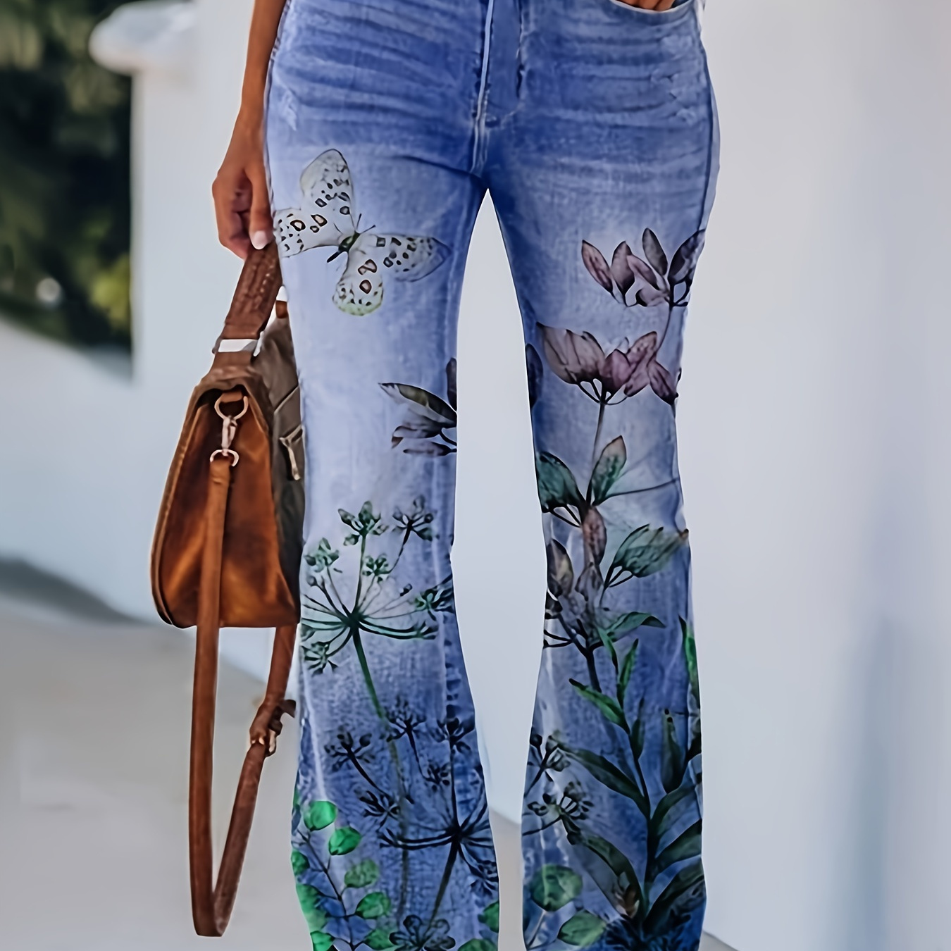 Plus Size Vacay Pants, Women's Plus Floral Print High Rise Medium Stretch  Flare Leg Pants
