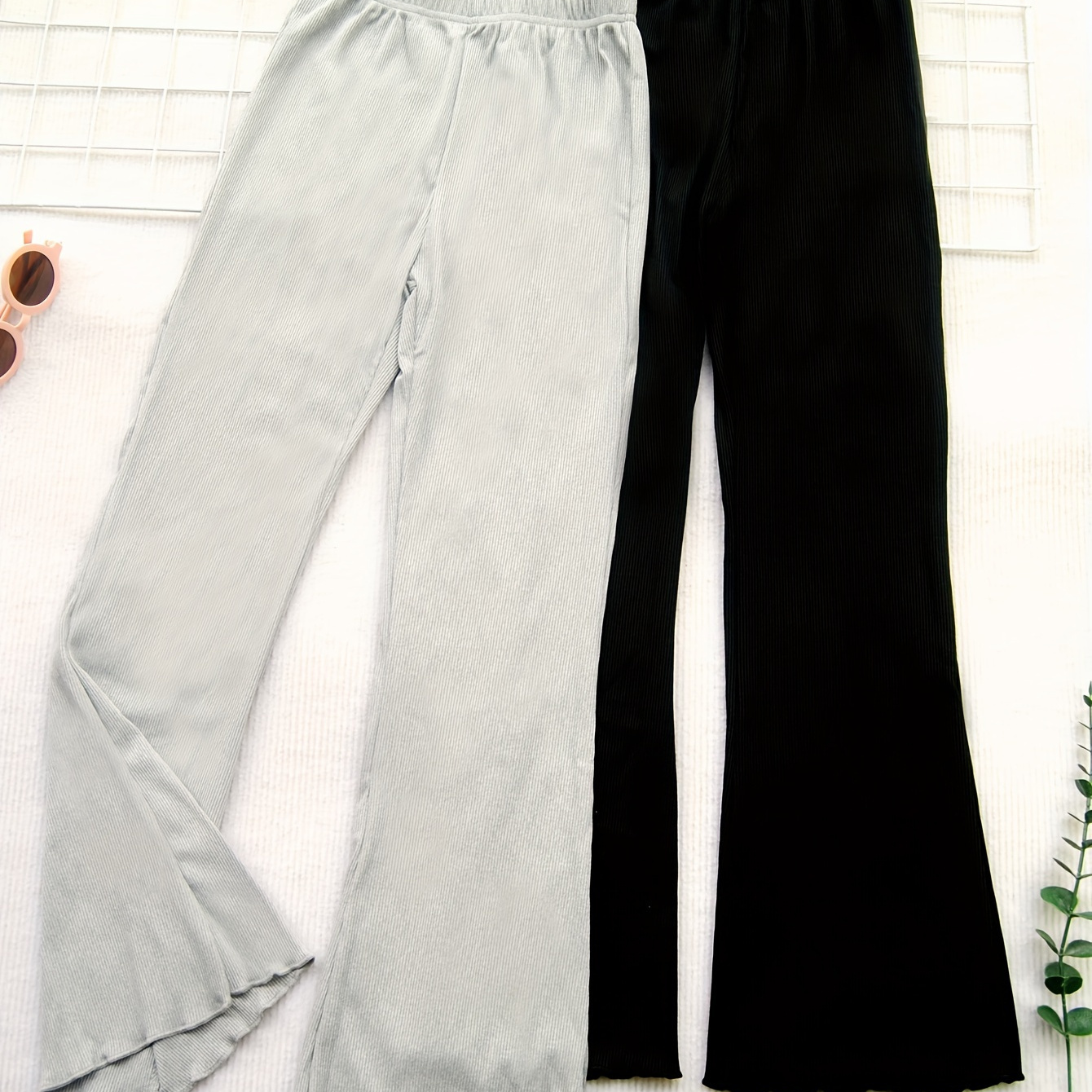 

2 Pcs Kid/ Teen Girls' Bell Bottoms Lettuce Trim High Waisted Casual Flared Pants, Soft And Comfort Fit