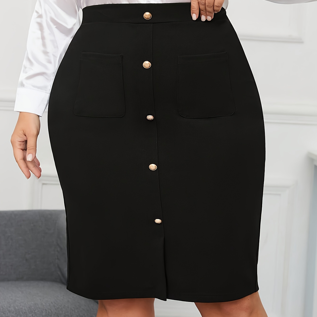 

Jupe Crayon Élégante Grande Taille avec Détail Bouton - Taille Haute, Couleur Unie, Lavable en Machine - Parfaite pour Toutes les , J562