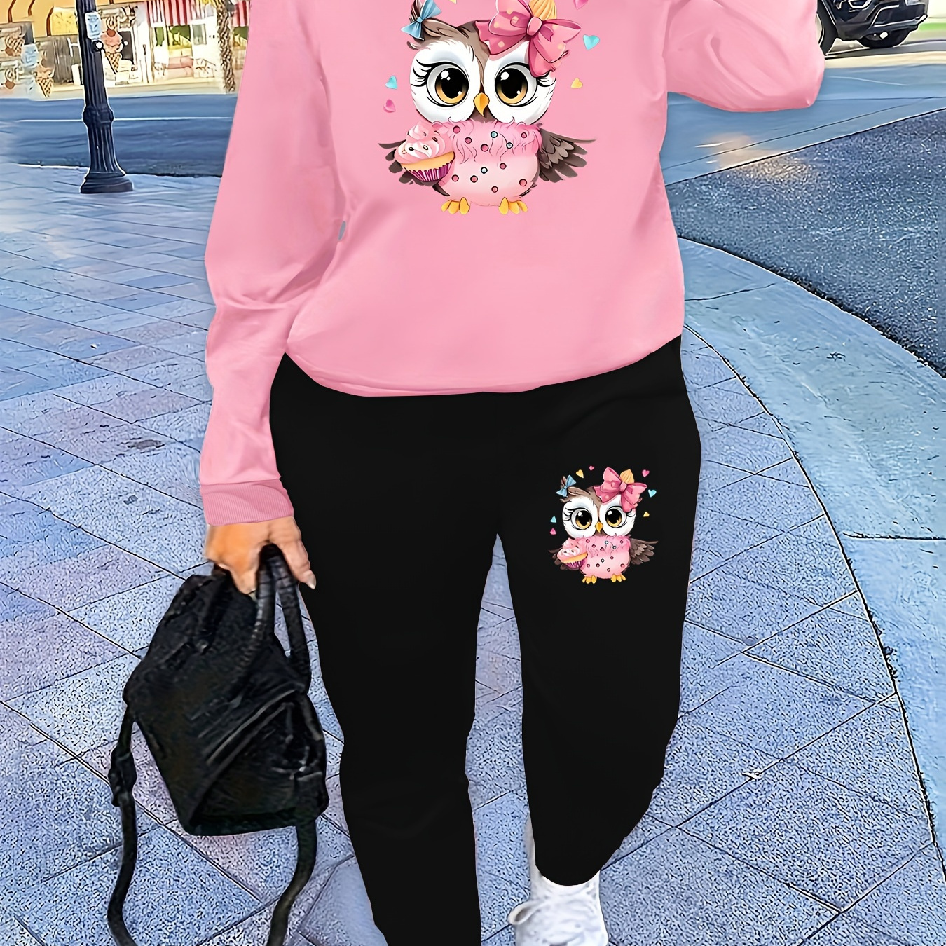 

Plus Size Cartoon Owl Print Sweatshirt And Sweatpants Set - Casual Crew Neck Knit Polyester Co-ord Outfit With Stretch