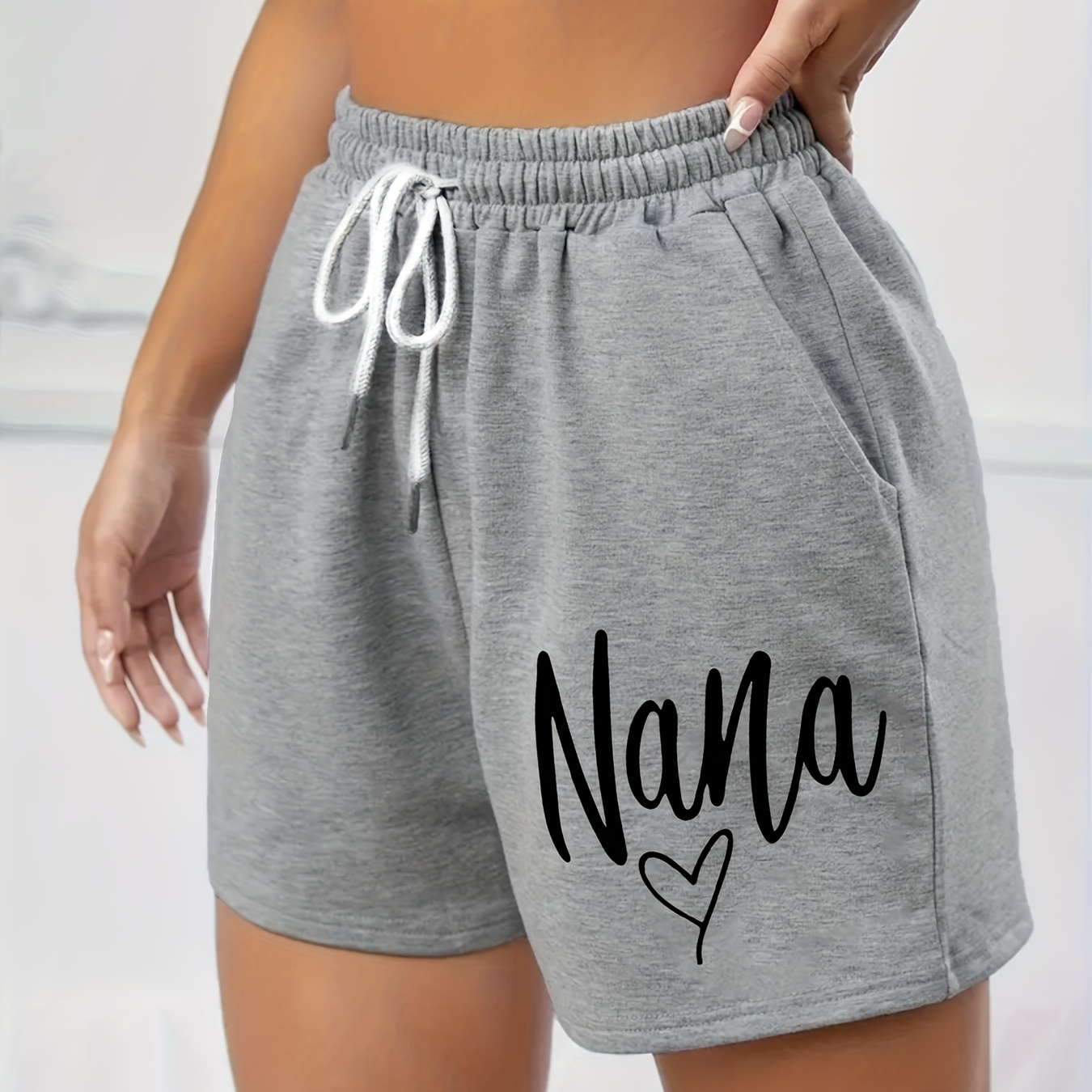 

Nana Print Drawstring Shorts, Casual Elastic Waist Pocket Shorts, Women's Clothing