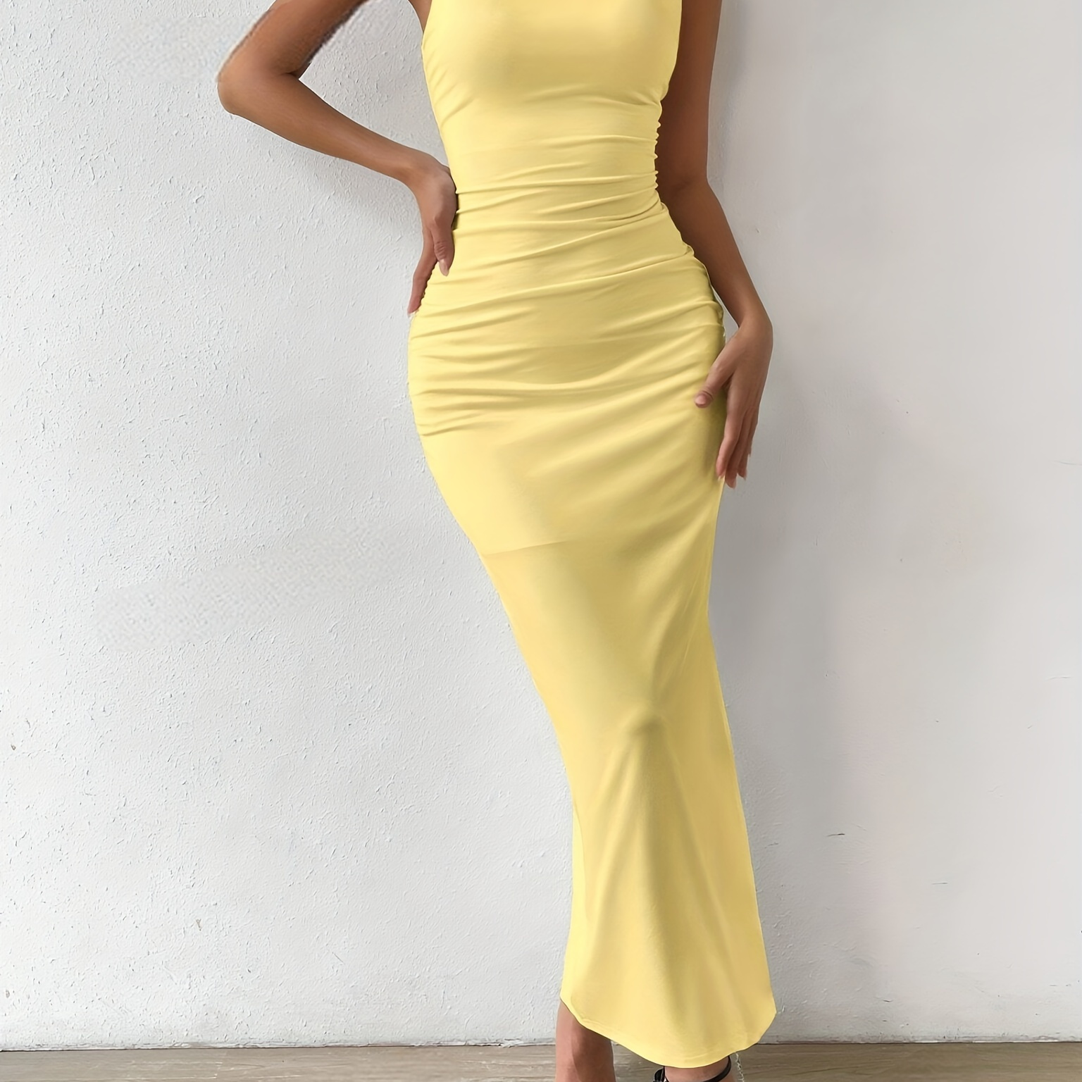

Solid Color Crew Neck Dress, Elegant Sleeveless Sheath Ruched Dress For Party & Banquet, Women's Clothing Wedding Occasion Engagement Party Ceremony