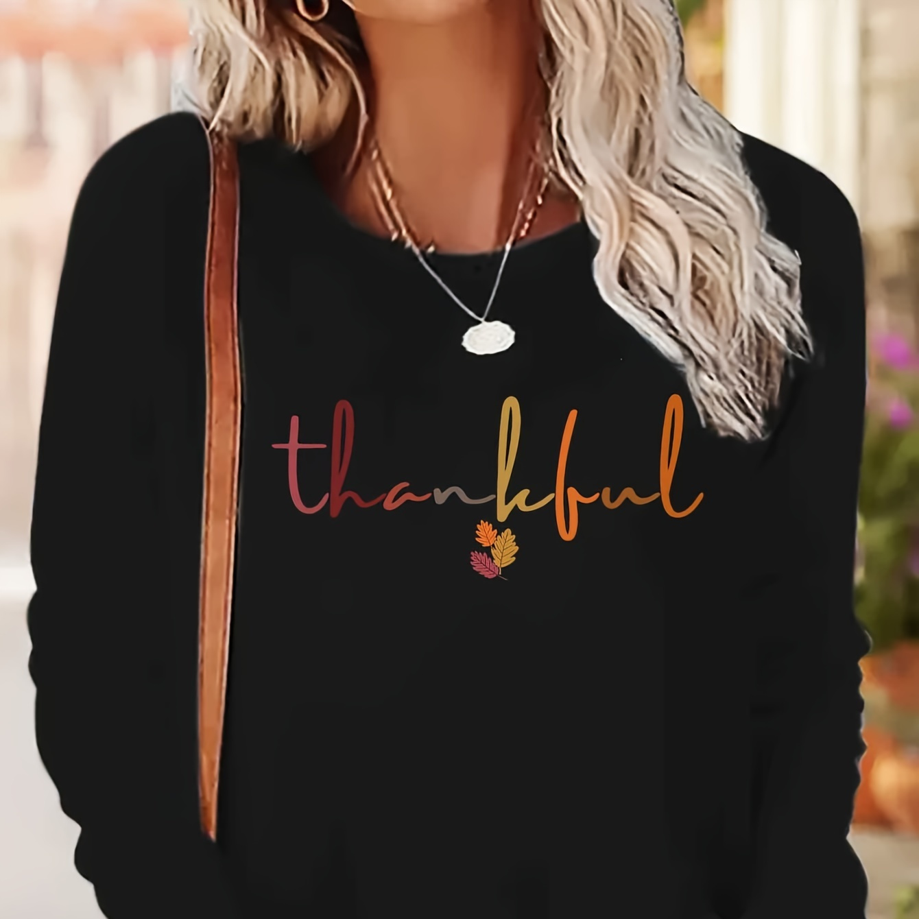 

Lettering Long Sleeve T- For Women - Polyester , Round ,