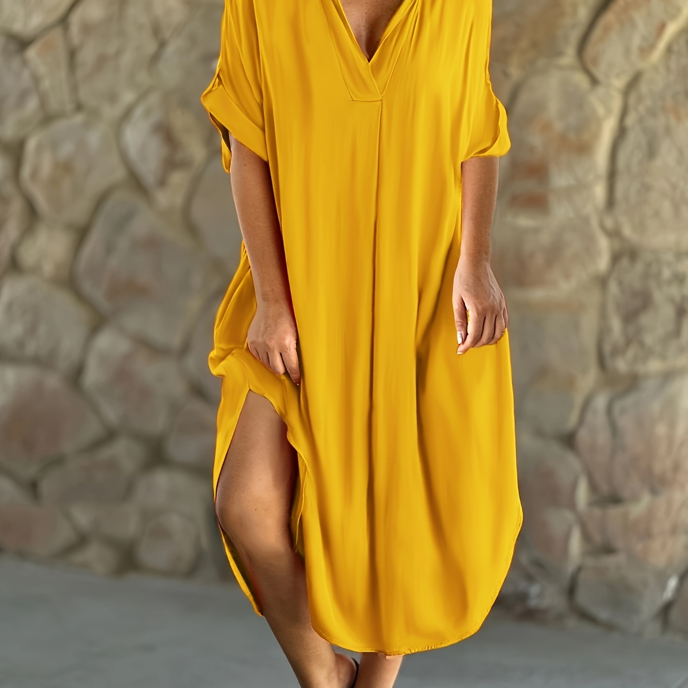 

Robe Chemise Unie Grande Taille, Robe Décontractée À Col En V Et Manches Courtes Pour Le Printemps Et L'été, Vêtements Grande Taille Pour Femmes