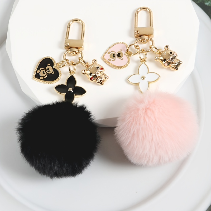 

Love Heart Bear Pom Pom Keychain Pendant Fashion Cute Elegant Car Keyring Ornament Bag Purse Charm Accessories
