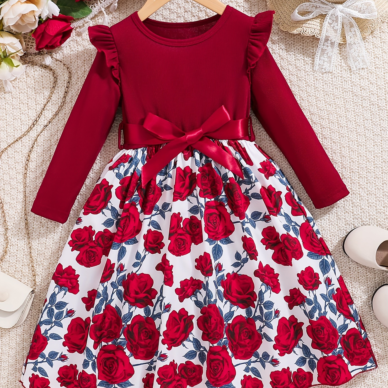 

Roses Print Long-sleeve Dress For Girls, A-line Sweet Comfy Dresses Spring Fall Party Gift