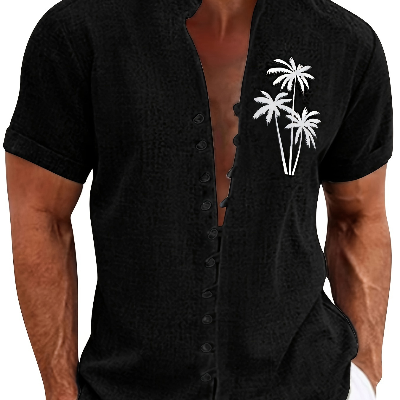 

Men's Coconut Trees Print Shirt, Casual Stand Collar Button Up Short Sleeve Shirt For Outdoor Activities