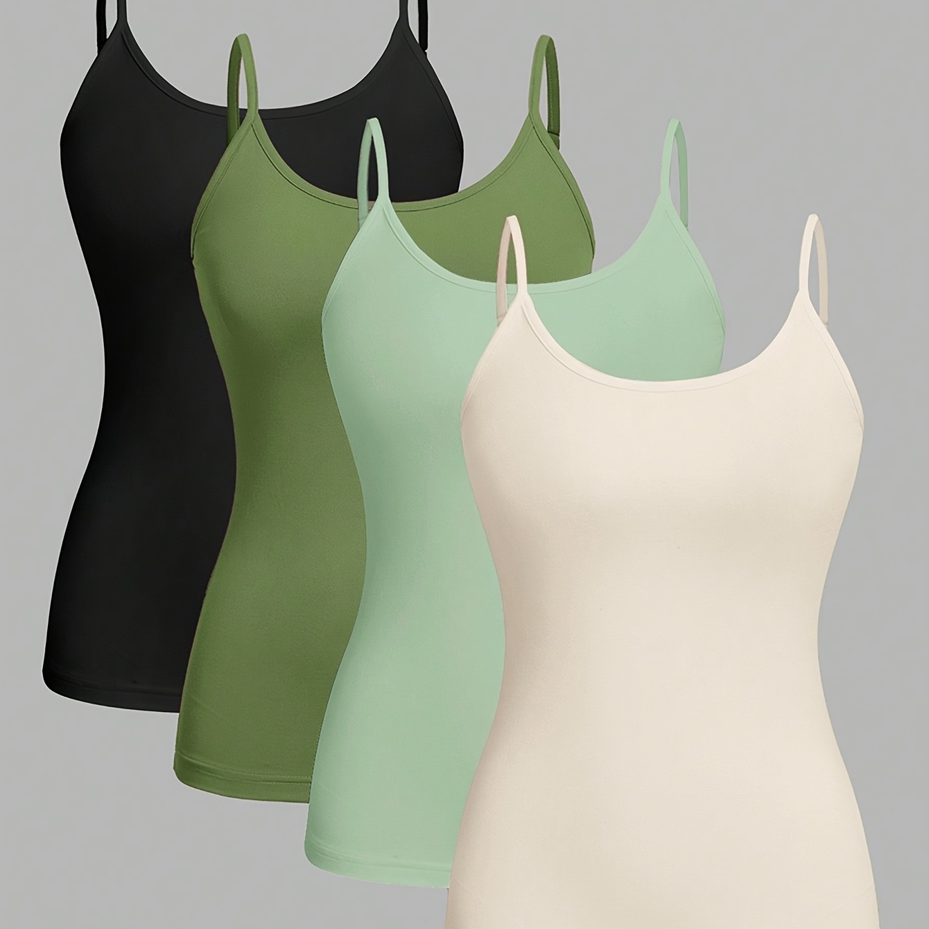 

4-pack Elegant Women's Camisole Tank Tops, Polyester Knit Spaghetti Strap Camisoles, Solid Color Slim Fit For Spring/summer/autumn