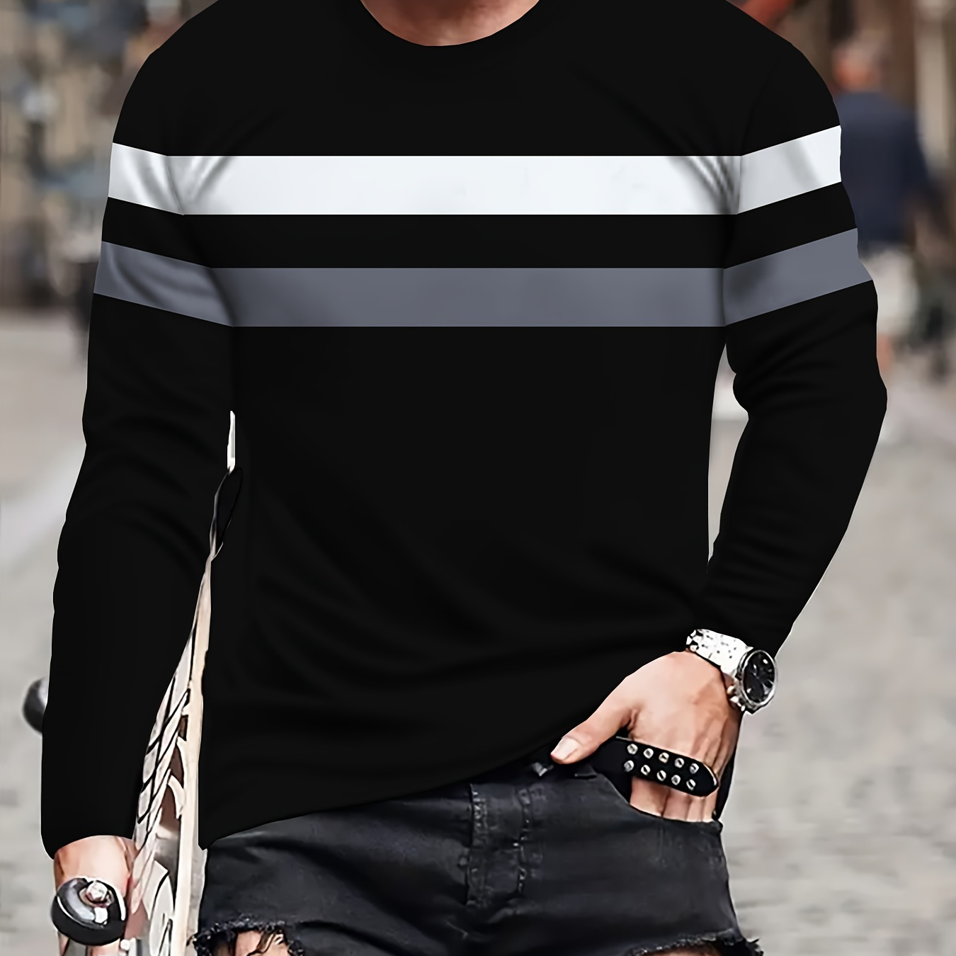 

Men's Casual Fashion Long Sleeve T-shirt, Crew Neck, Soft Breathable Knit Fabric, 90% Polyester 10% Spandex, Regular Fit, Slight Stretch, Striped Pattern, Spring/autumn Top