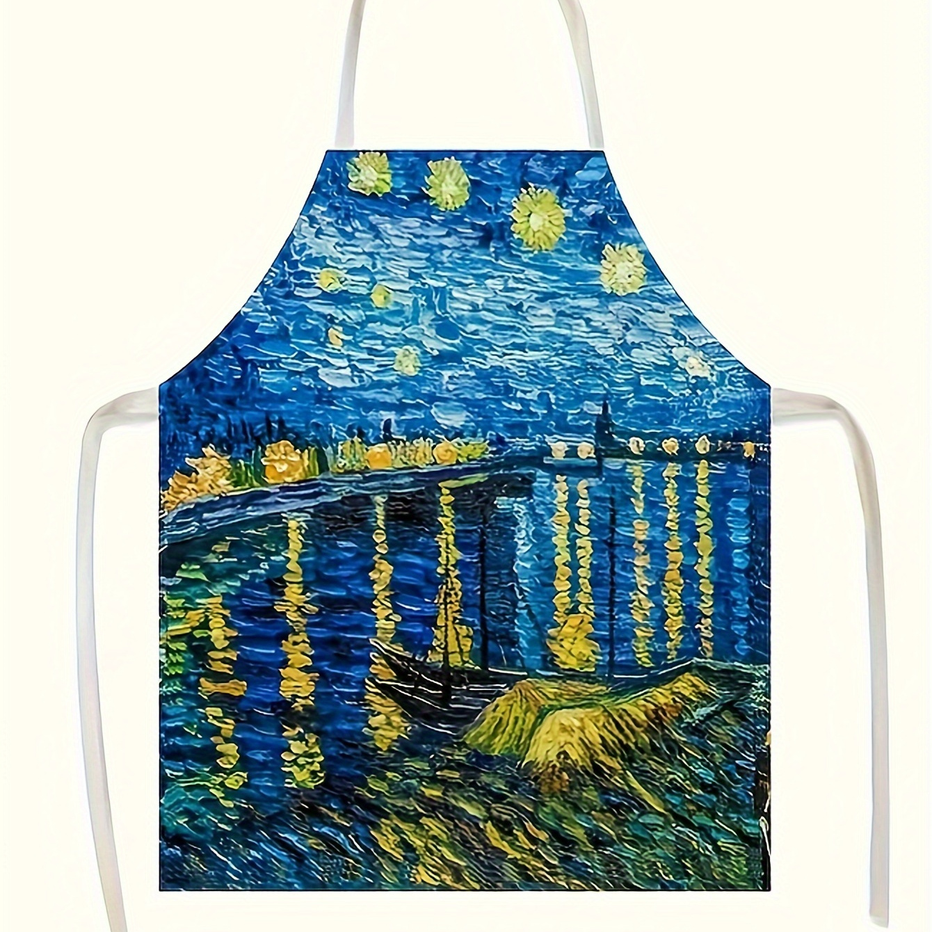 

1pc Vintage Artistic Oil Painting Style Apron, 100% Linen Halter Neck With Tie Back Detail, Starry Night Design, Non-stretch Woven Fabric, Regular , Apron|vintage Style Apron|woven Texture