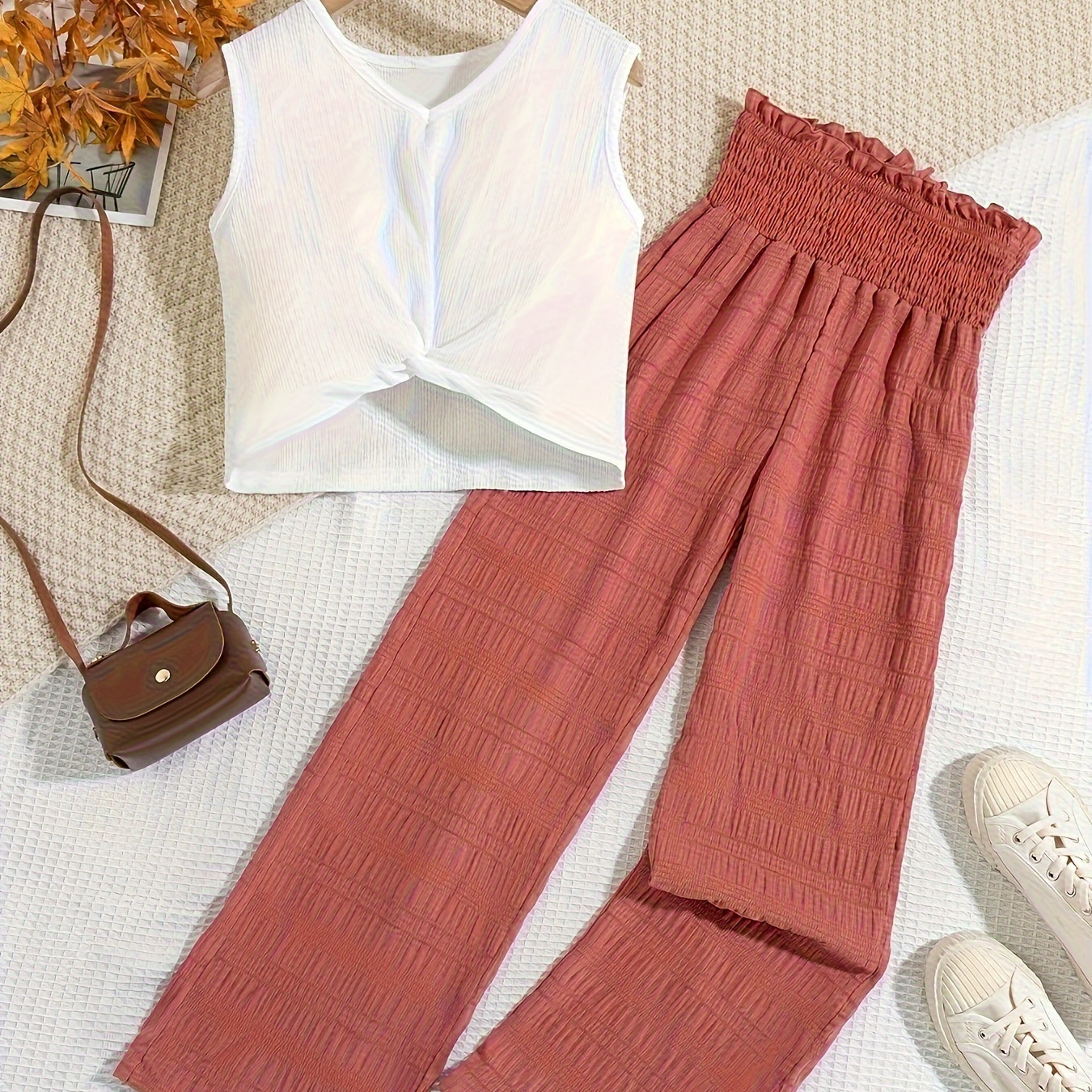 

Girls Casual & Stylish Outfit, 2pcs/set Solid Colored Sleeveless Tank Top & Shirred High Waisted Wide-leg Pants For Summer