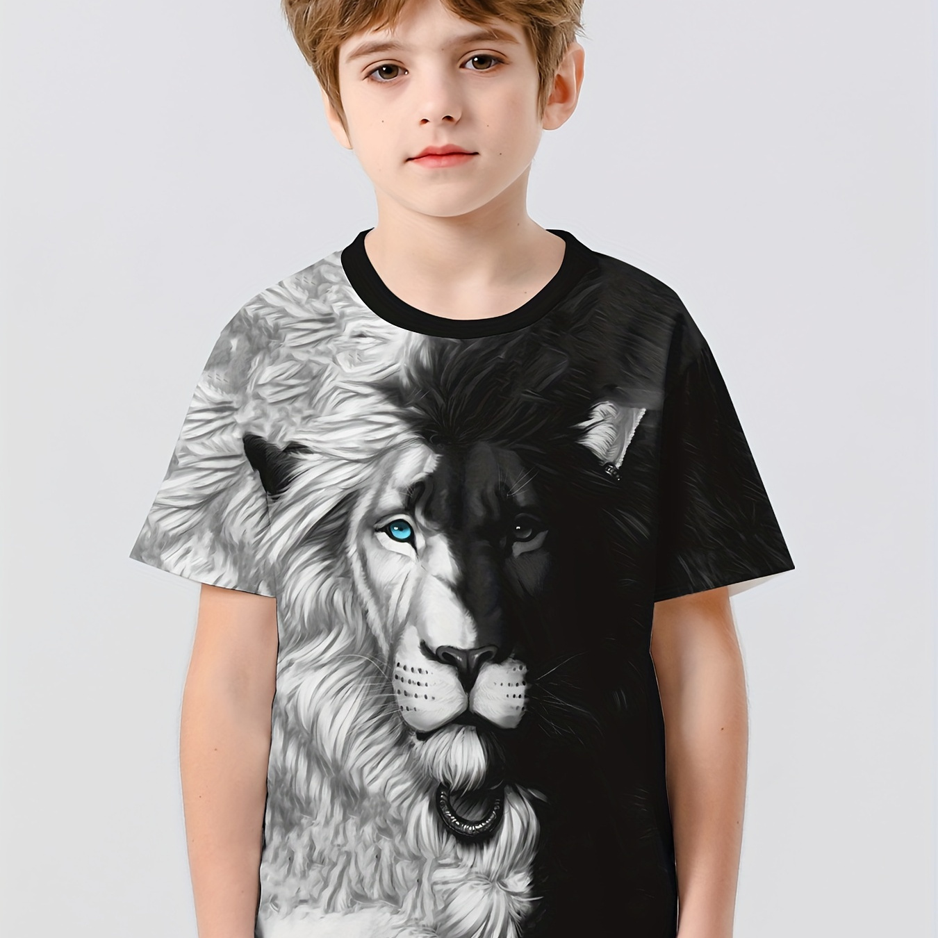 

3d Lion Graphic Print Boys Casual Sport T-shirt - Comfortable Summer Clothing For Kids