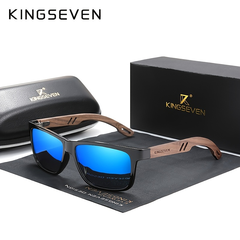 KINGSEVEN, Premium Vintage Trendy Square Polarized Sunglasses, With Wooden Handmade Temples, For Men Women Outdoor Sports Party Vacation Travel Driving Fishing Supplies Photo Props