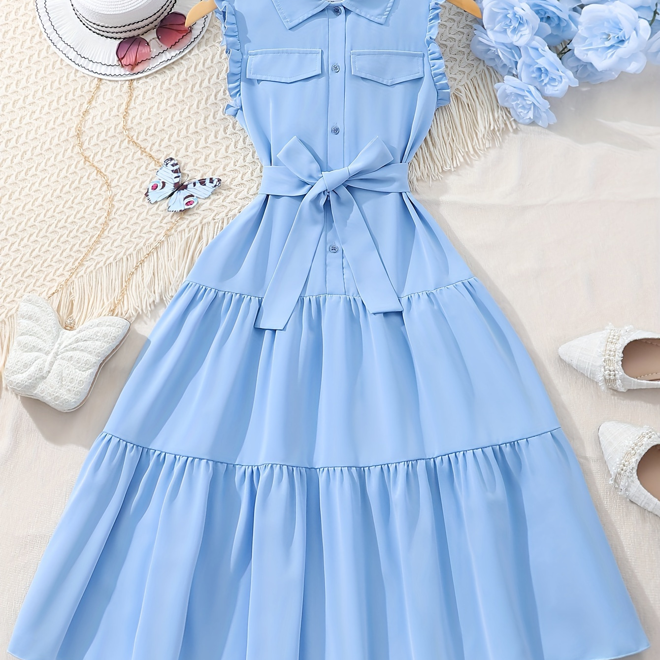 

Teens Elegant Plain Color Sleeveless Shirt Dress For Girls - Sweet & Casual Dresses Ideal For Casual Outings/ Party/ Holiday