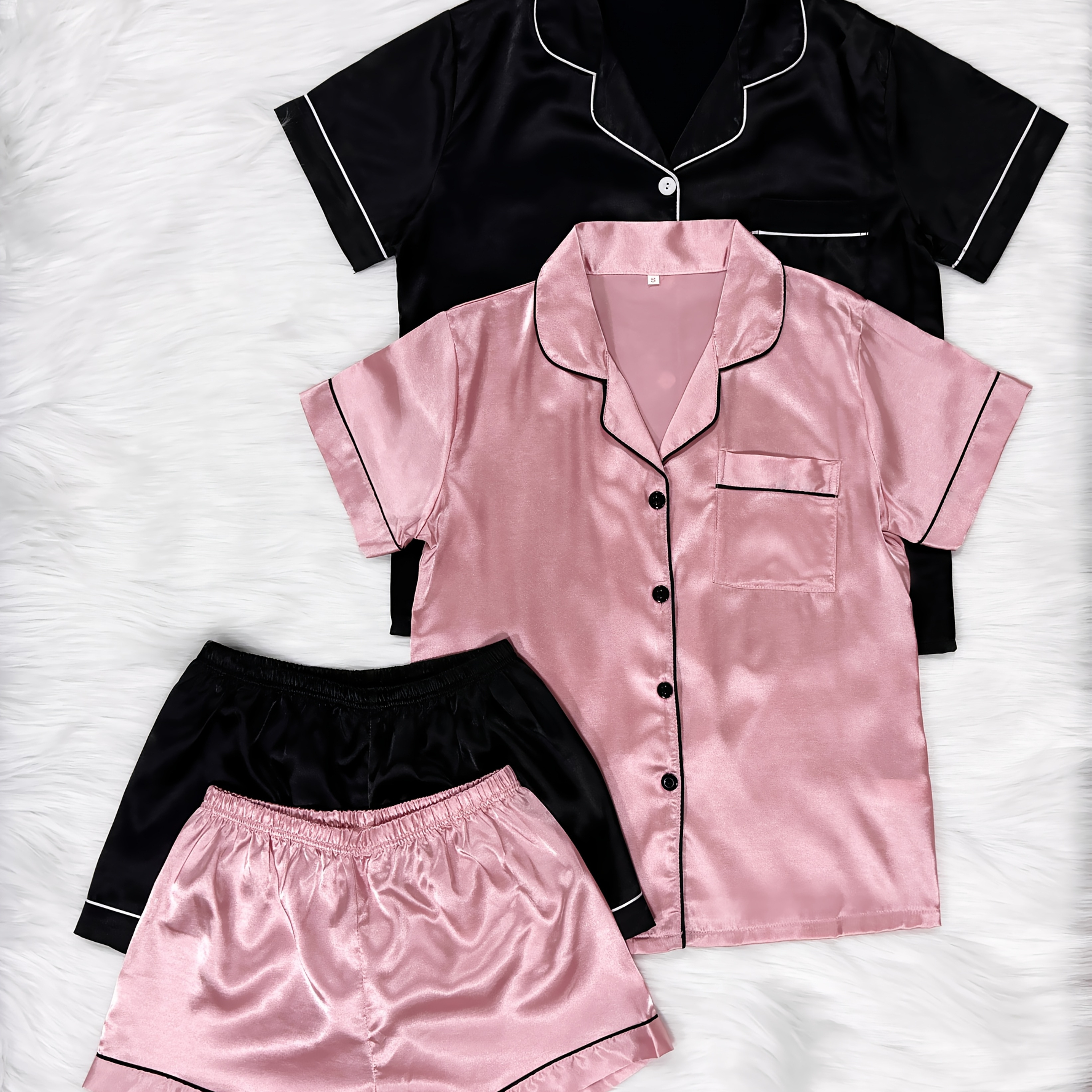 

2 Sets Women' Satin Casual Pajama Set, Short Sleeve Buttons Lapel Top & Shorts, Comfortable Relaxed Fit