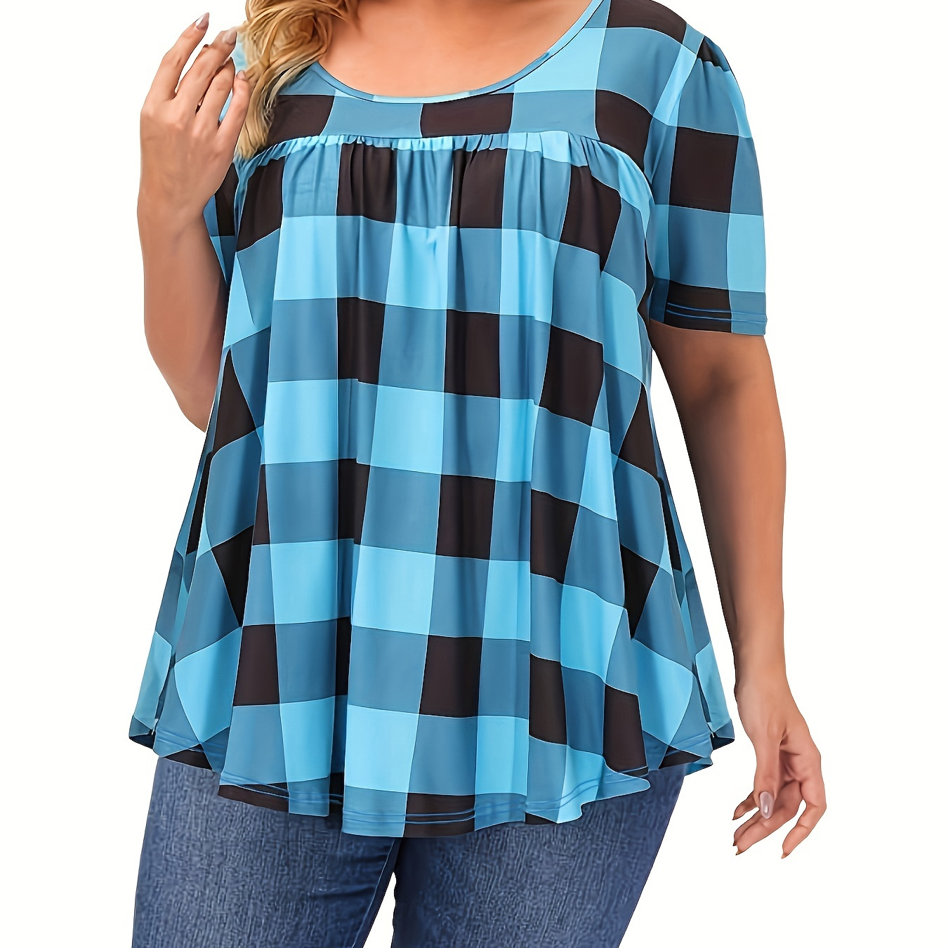 

Plus Size Casual T-shirt, Women's Plus Gingham Print Short Sleeve Ruched Round Neck Tee