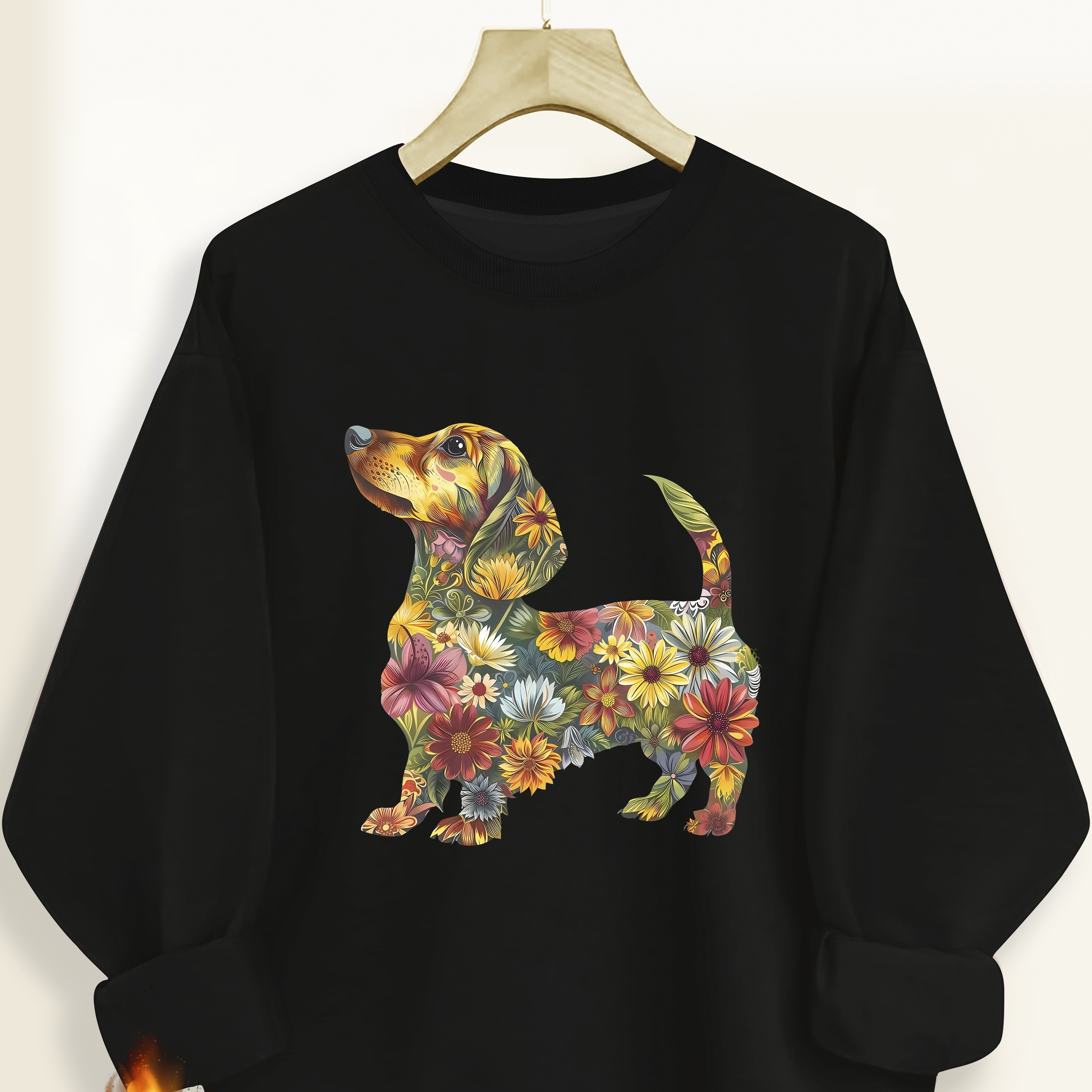 

Floral Dachshund Print Sweatshirt For Women, 100% Polyester Casual Crew Neck Long Sleeve Pullover, All-season Geometric Animal Pattern Sweater With Knit Fabric