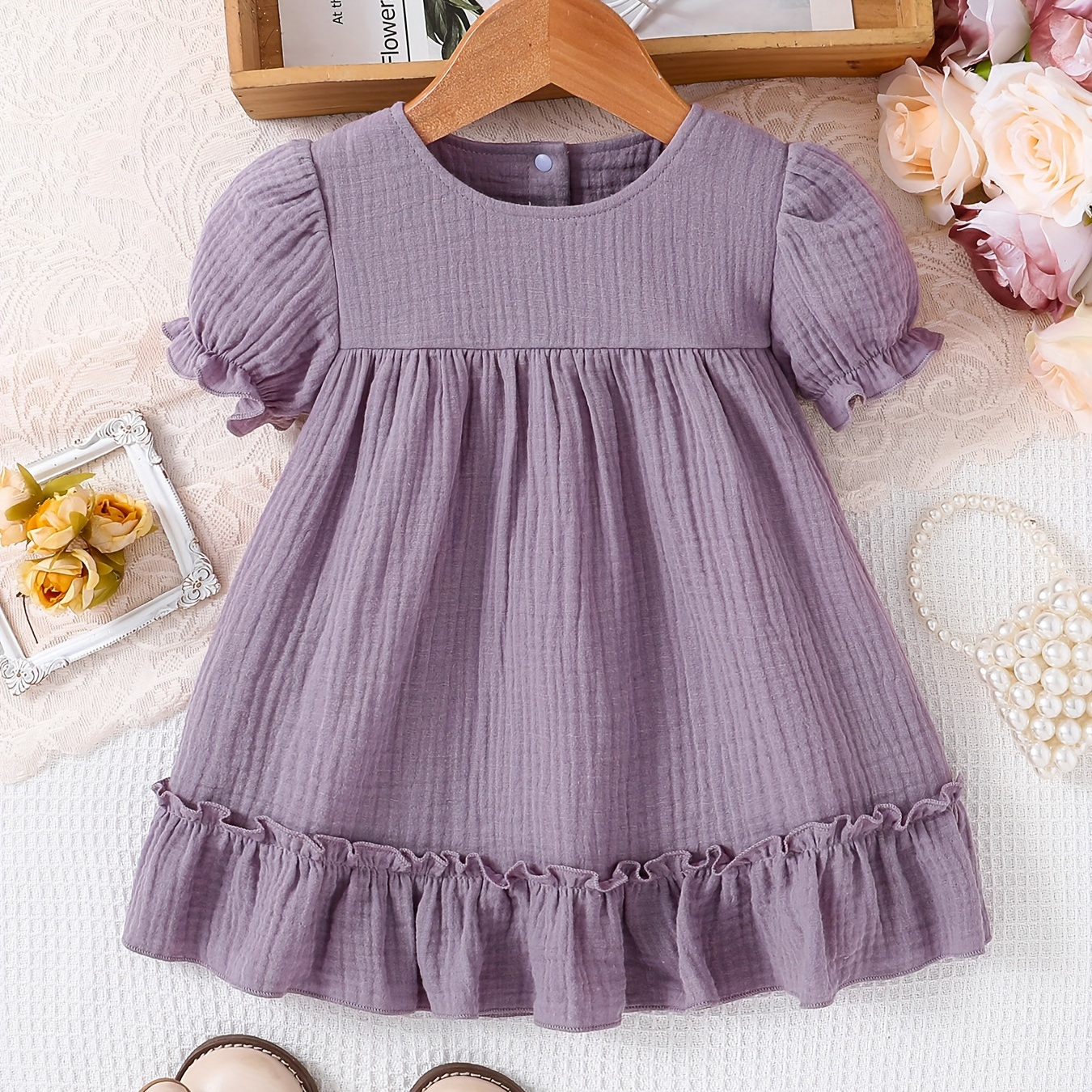 

Baby's Casual Solid Color Comfy Cotton Dress, Ruffle Trim Puff Sleeve Dress, Infant & Toddler Girl's Clothing For Summer, As Gift