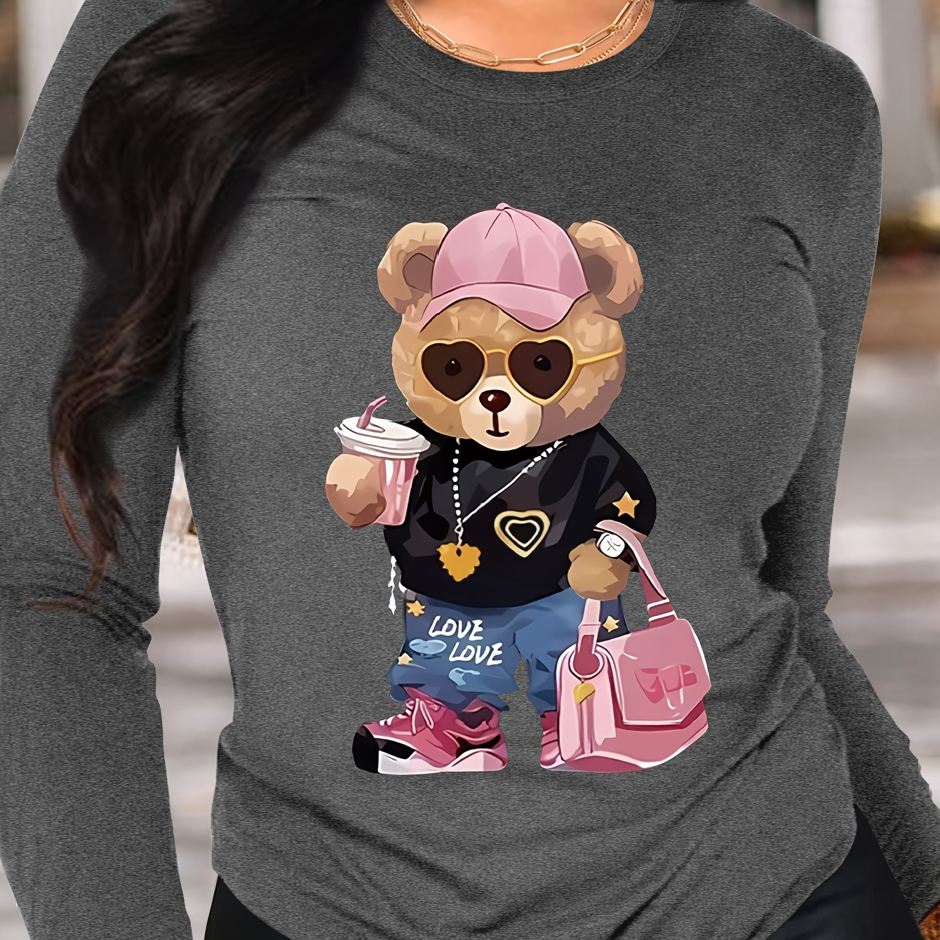 

Bear Print T-shirt, Long Sleeve Crew Neck Casual Top For Spring & Fall, Women's Clothing