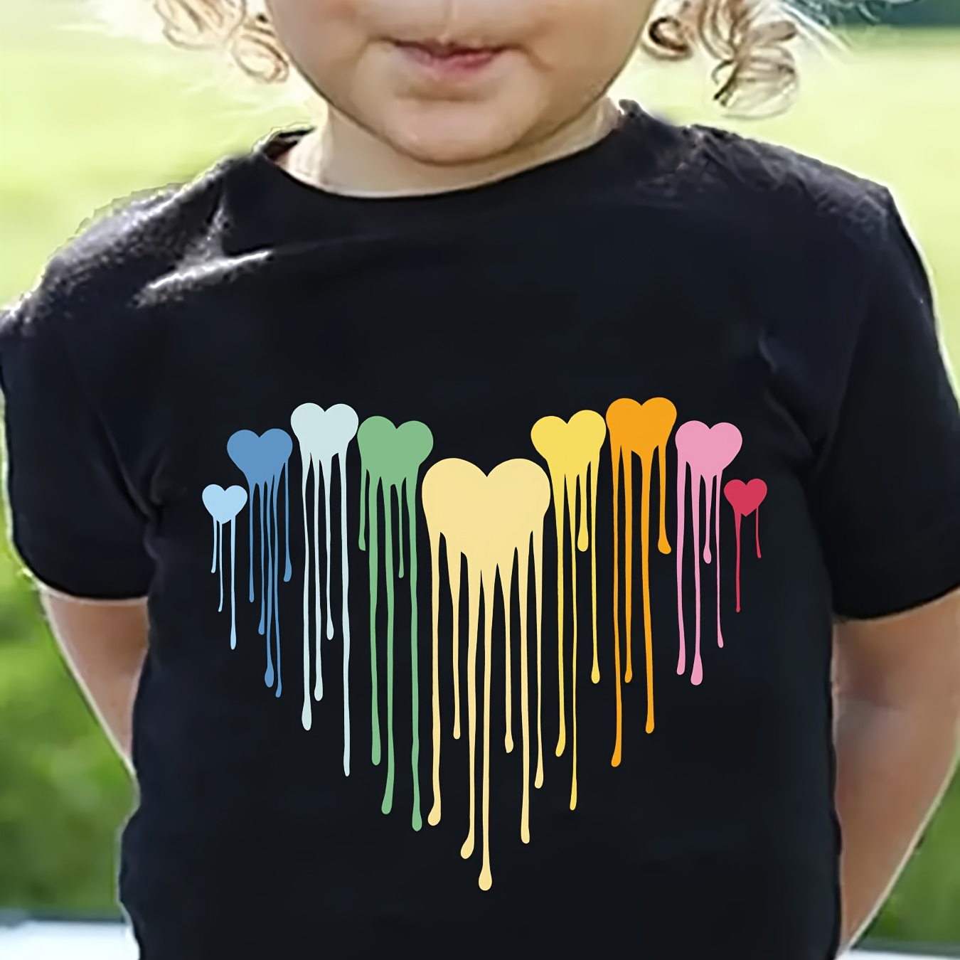 

Colorful Melting Heart Print Girl's Cute T-shirt, Casual Short Sleeve Comfortable Versatile Tee Tops For Summer