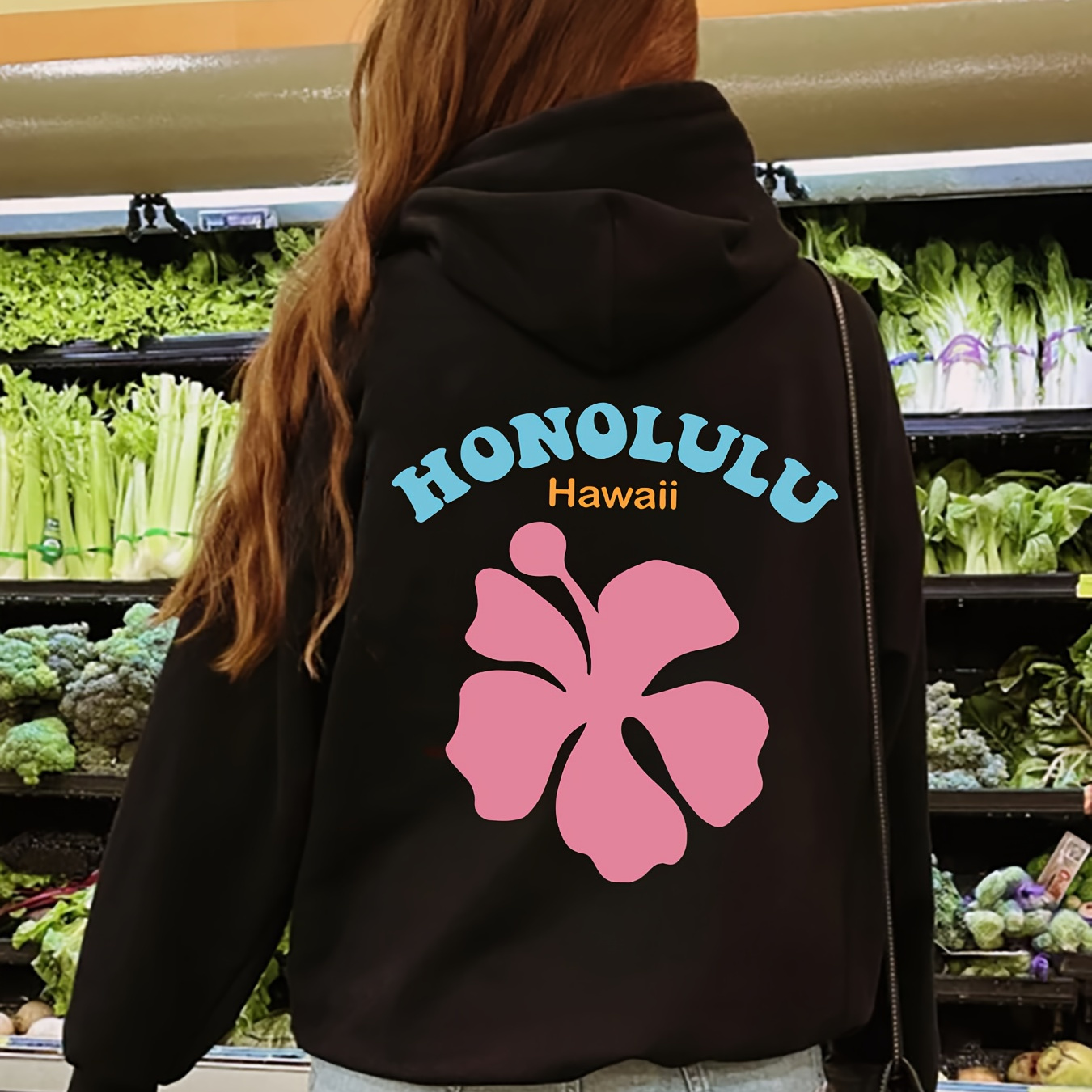 

Honolulu Hawaii Floral Letter Print Hoodie For Women - 100% Polyester Casual Hooded Sweatshirt With Pocket, Knit Fabric Long Sleeve Pullover For Fall/winter