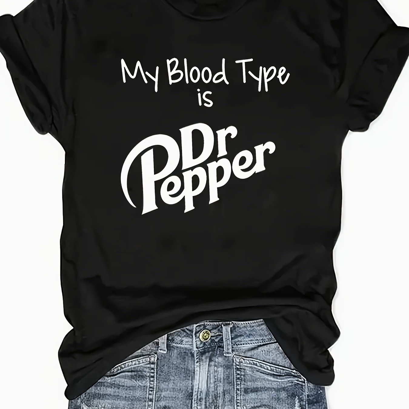 

My Blood Type Is Print T-shirt, Casual Short Sleeve Crew Neck Top For Spring & Summer, Women's Clothing