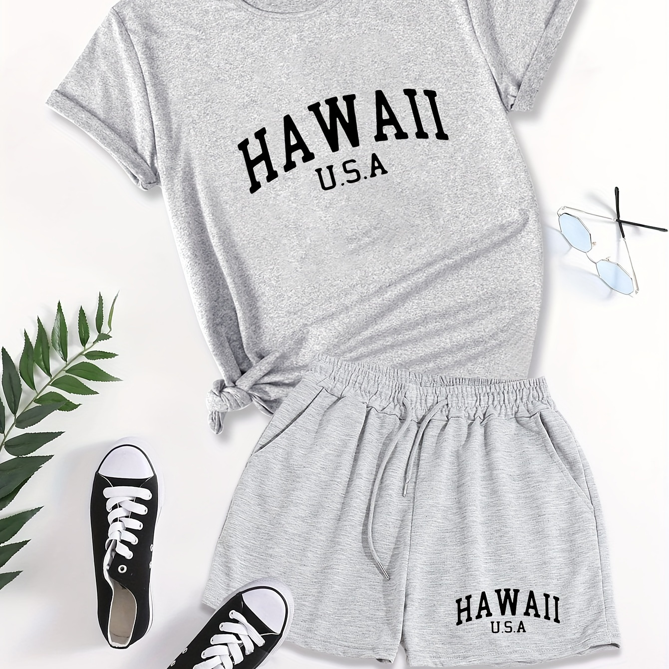 

Hawaii Print Casual Shorts Set, Crew Neck Short Sleeve T-shirt & Elastic Waist Slant Pocket Drawstring Shorts Outfits, Women's Clothing