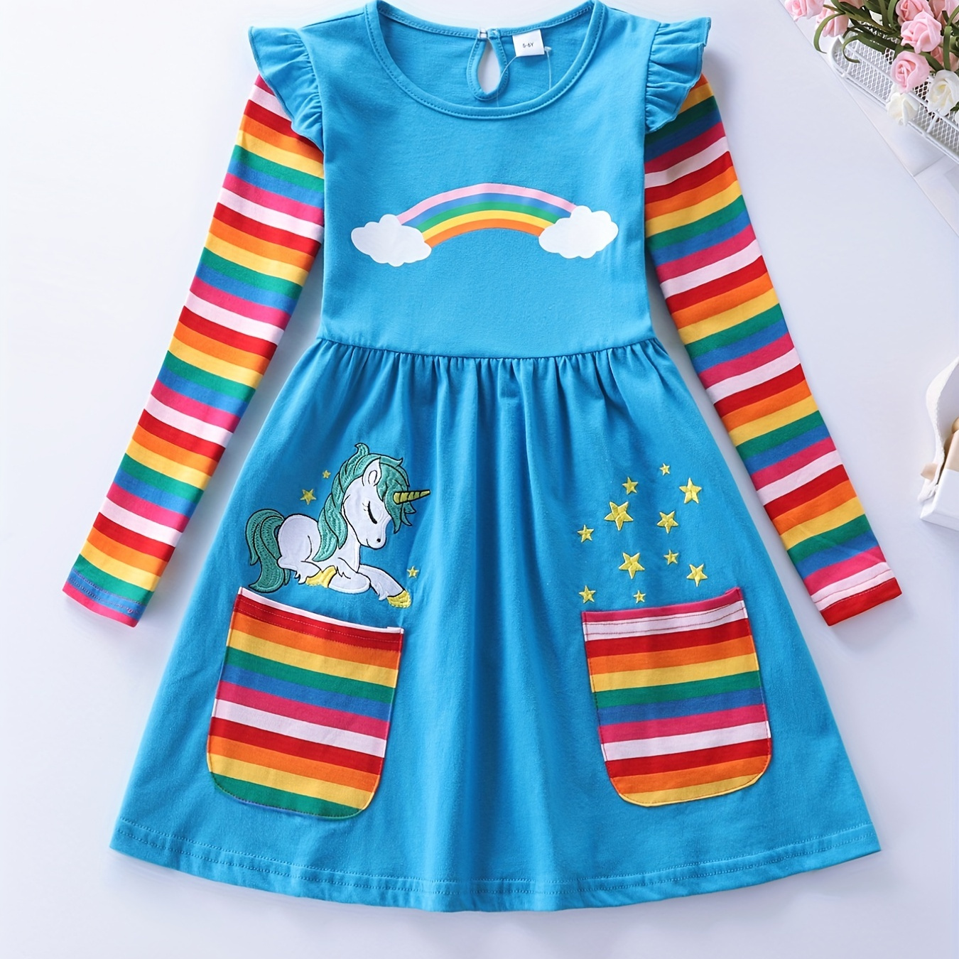 Girls Cute Cartoon Ruffled Cotton Dress With Unicorn Rainbow Print ...