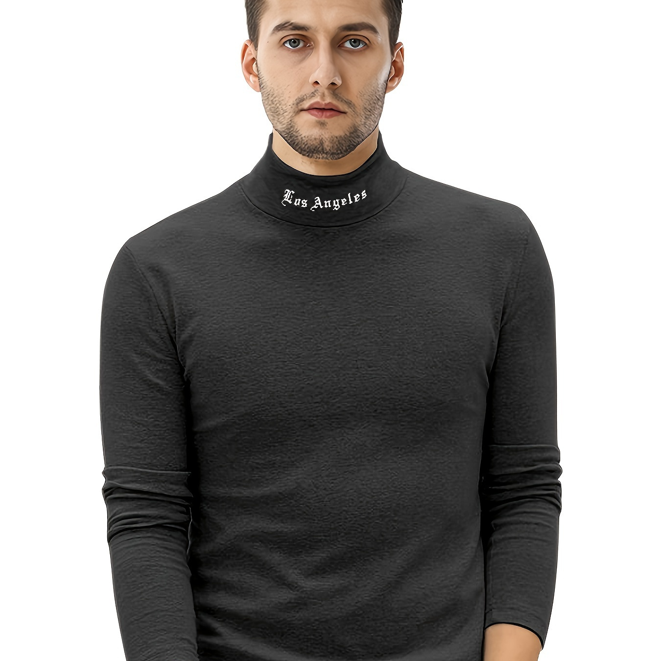 

Men's Letter Print "los Angeles" Skinny Fit Long Sleeve And Turtle Neck Shirt With Fleece, Casual And Chic Tops For Daily And Sports Wear