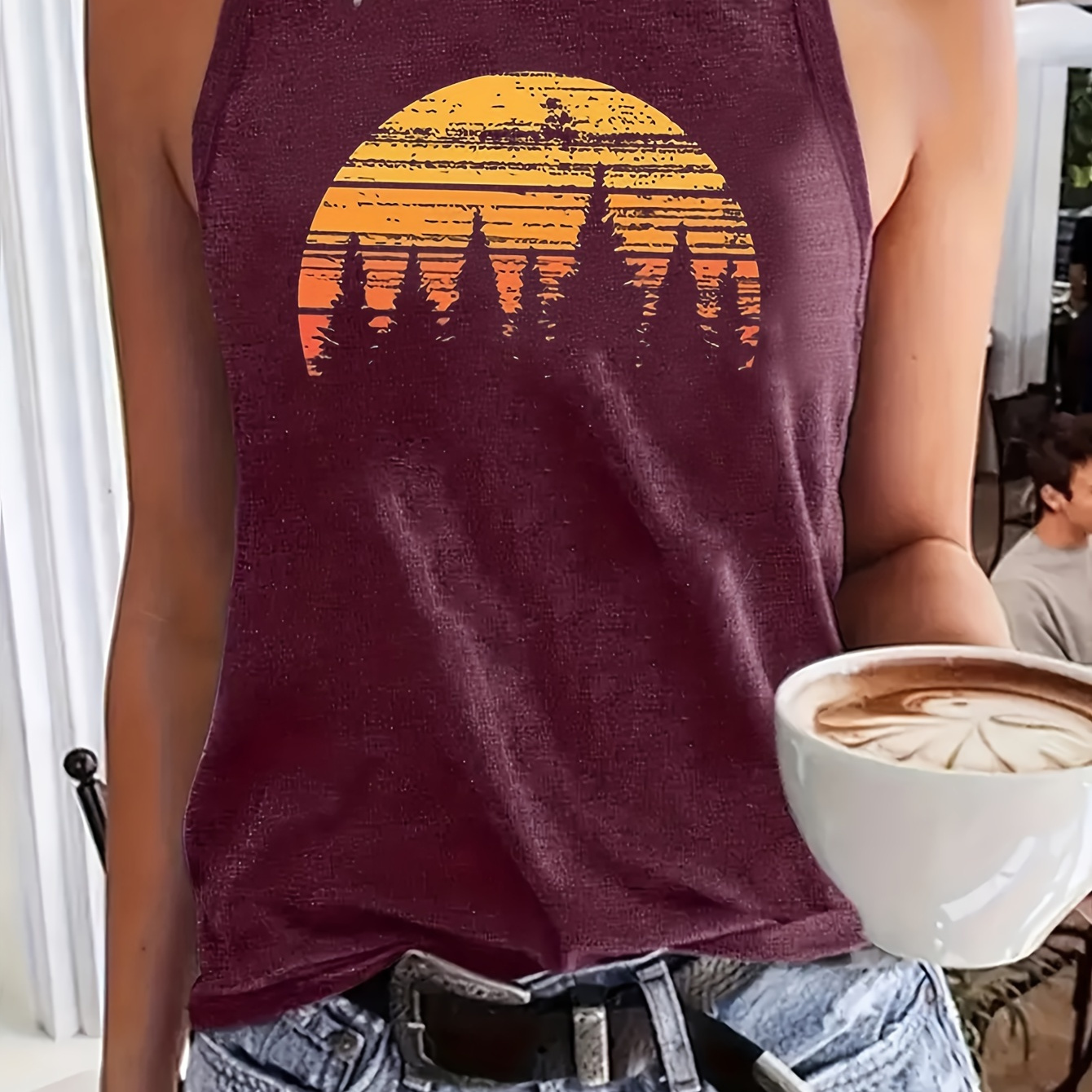 

Forest Print Crew Neck Tank Top, Casual Sleeveless Top For Spring & Summer, Women's Clothing