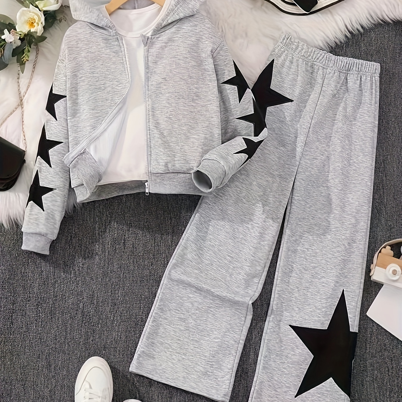 

2-piece Girl's Set Stars Pattern Zip-up Hoodie + Trousers - Comfy & Fashion Girls Winter/ Fall Clothes