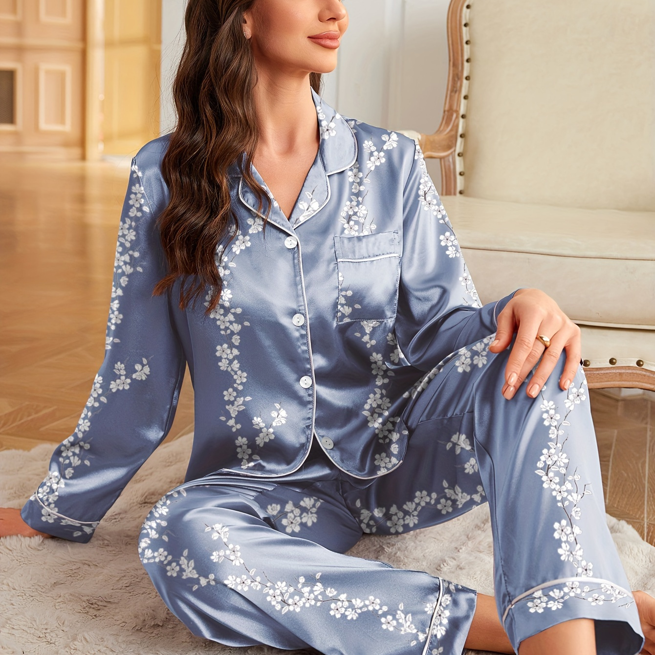 

Women's Satin Pajama Set, Long Sleeve, Floral Print, , Collar, , Adult Sleepwear, Woven Fabric