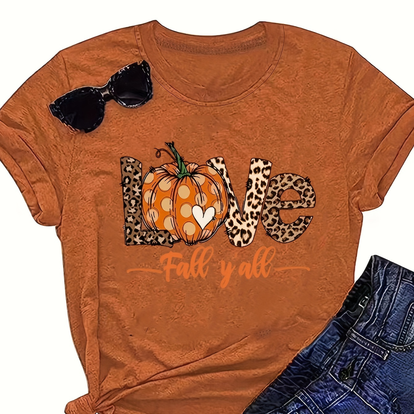 

Pumpkin & Letter Print Crew Neck T-shirt, Casual Short Sleeve Top For Spring & Summer, Women's Clothing