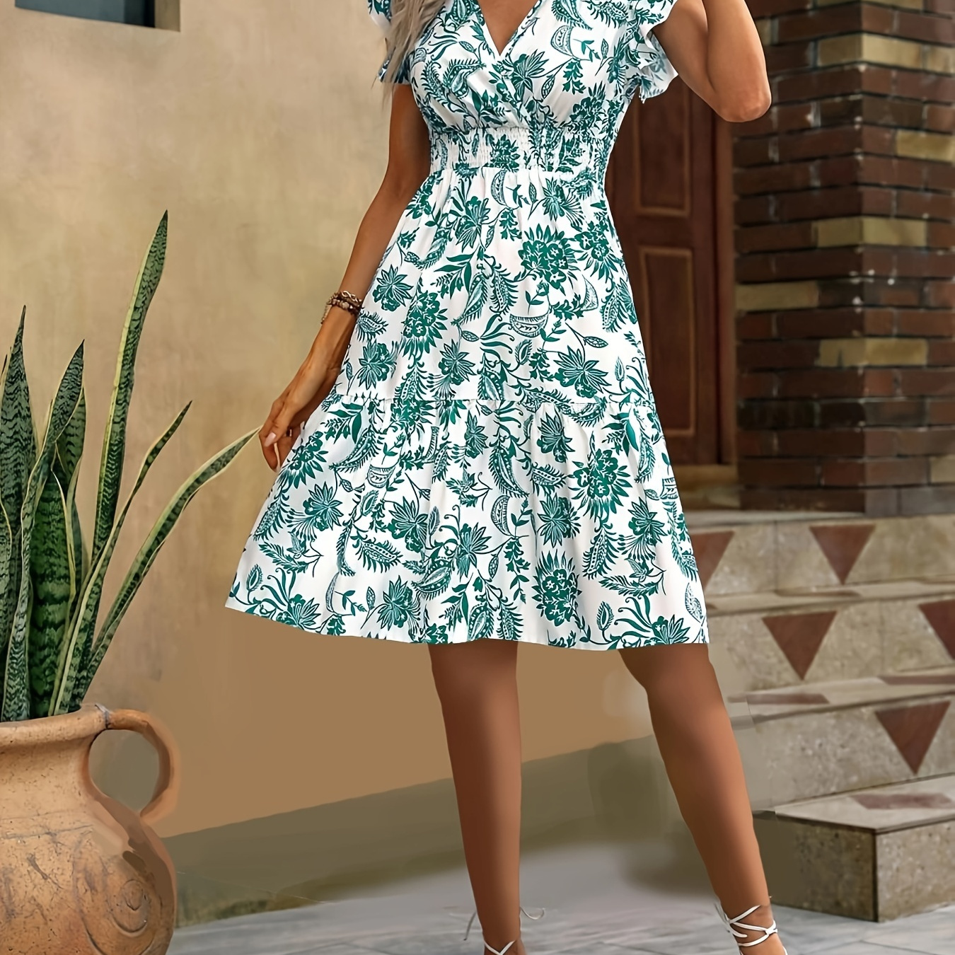 

Floral Print V Neck Dress, Vacation Shirred Waist Flutter Sleeve Dress For Spring & Summer, Women's Clothing